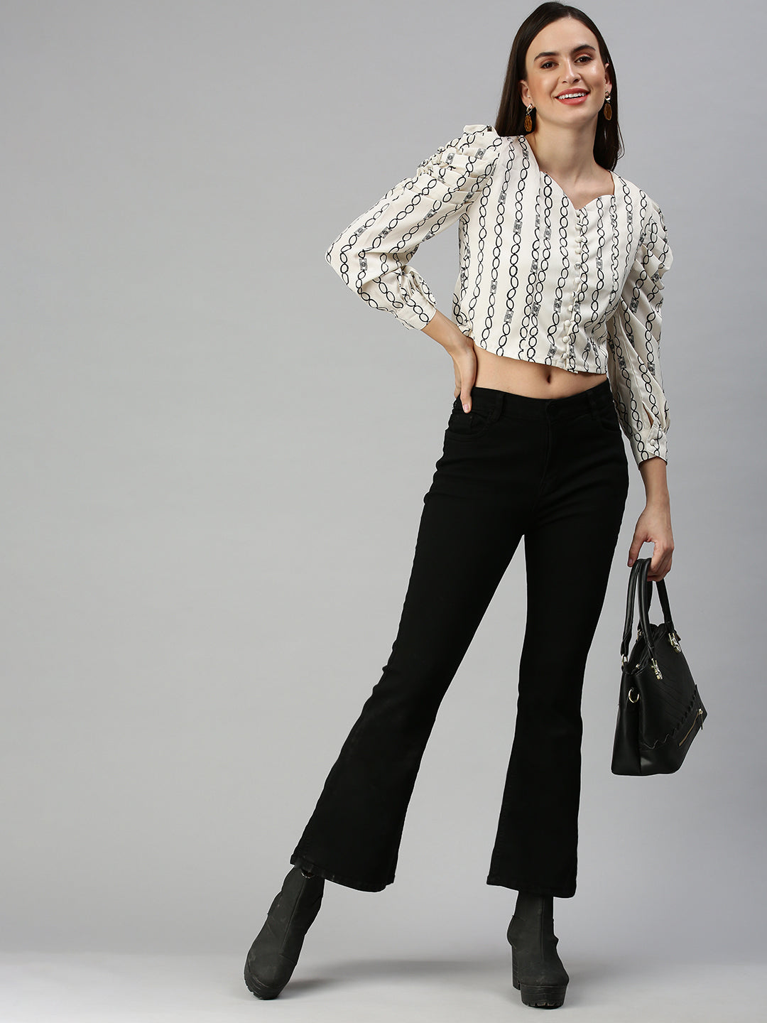 Women's White Geometric Print Crepe Crop Top