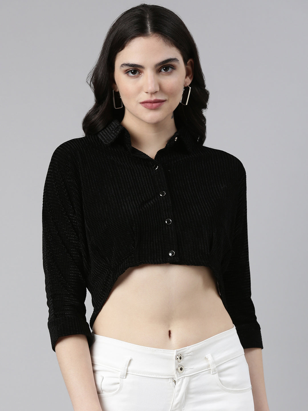 Women's Black Self Design Shirt Style Crop Top