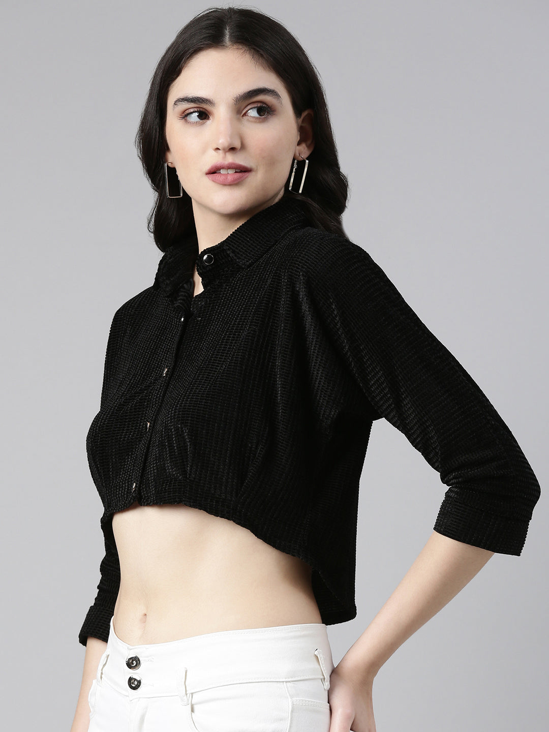 Women's Black Self Design Shirt Style Crop Top