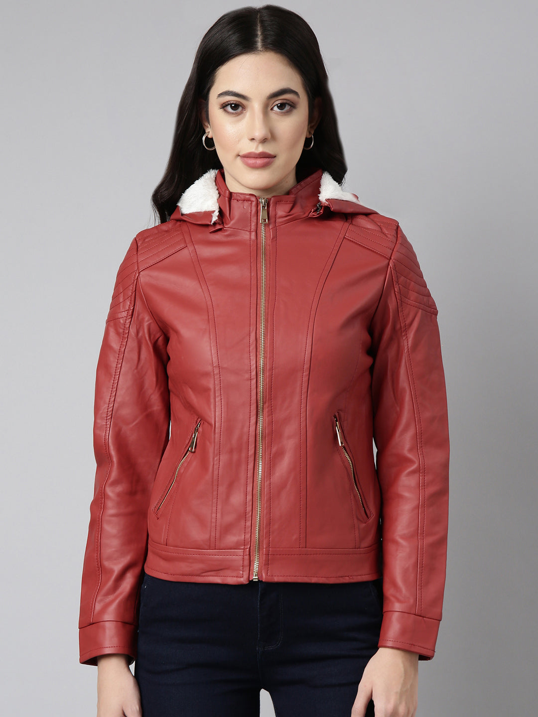 Women's Rust Biker Jacket With Detachable Hood