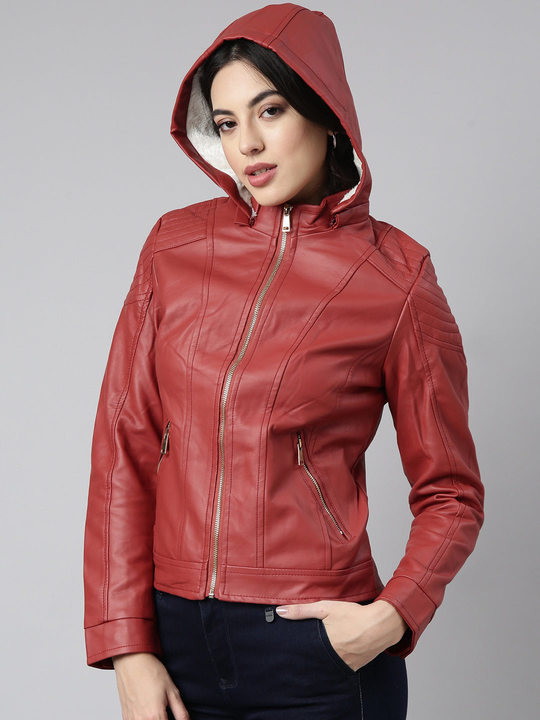 Women's Rust Biker Jacket With Detachable Hood