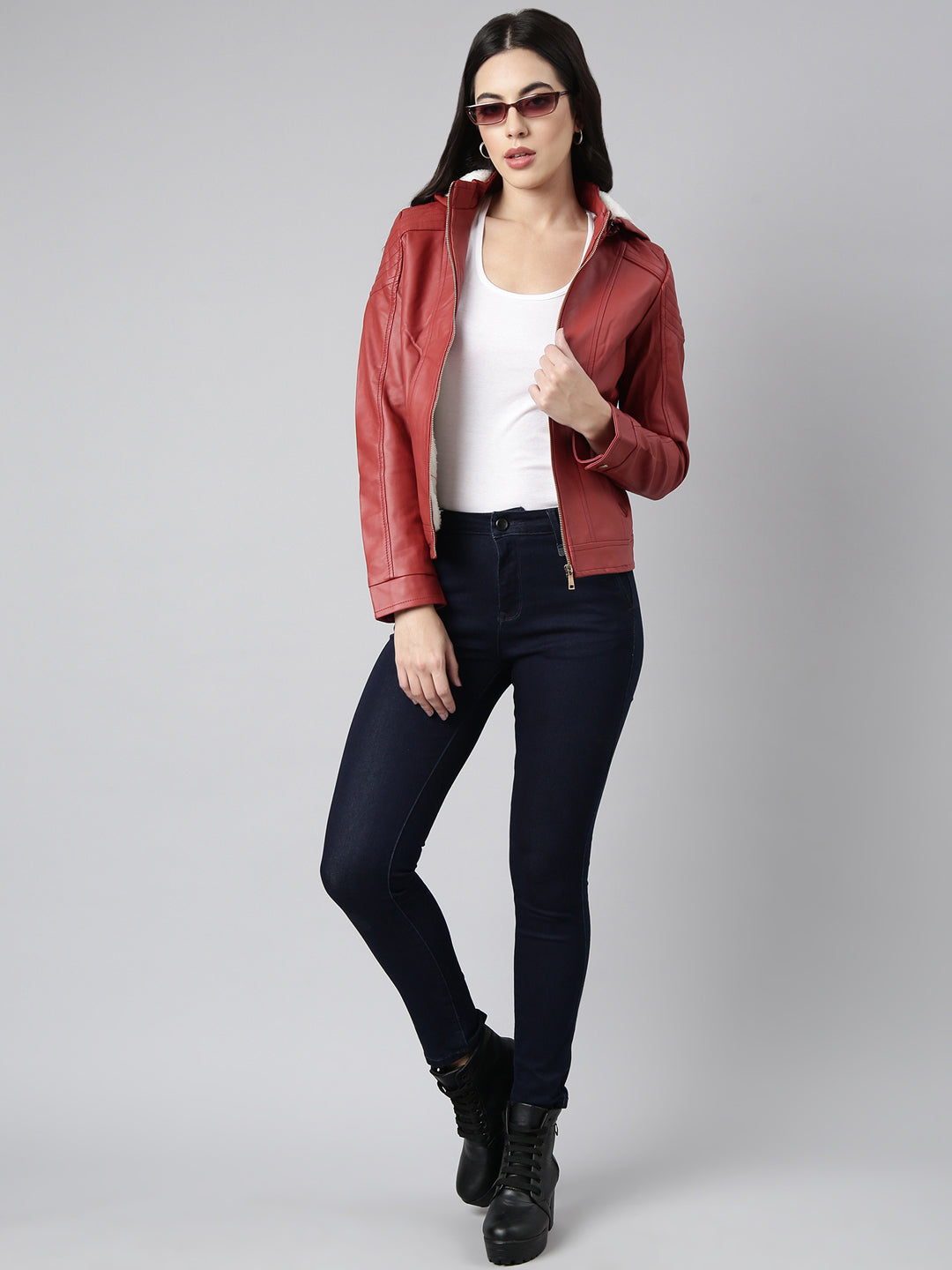 Women's Rust Biker Jacket With Detachable Hood