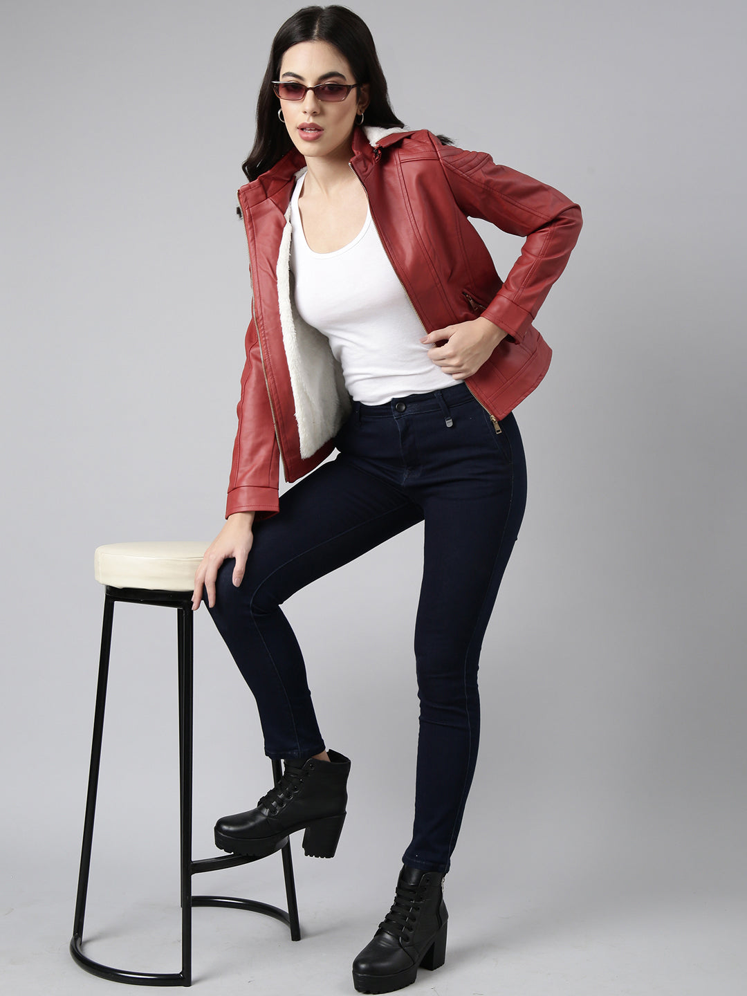 Women's Rust Biker Jacket With Detachable Hood