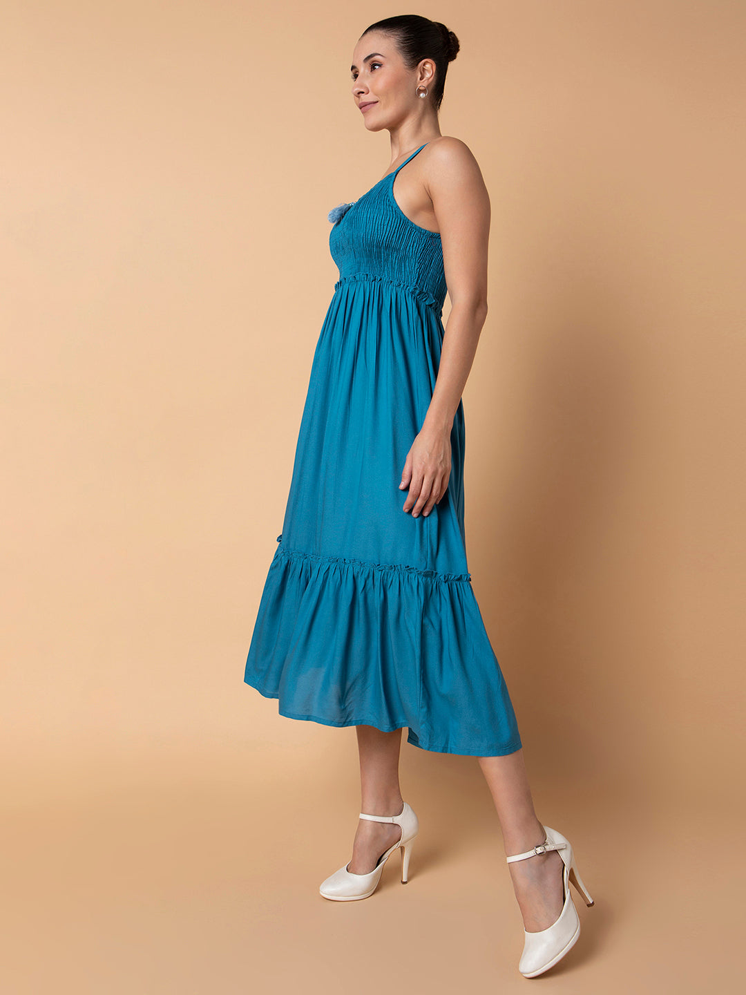 Women's Blue Floral Printed Fit & Flare Midi Dress with Shrug and Belt