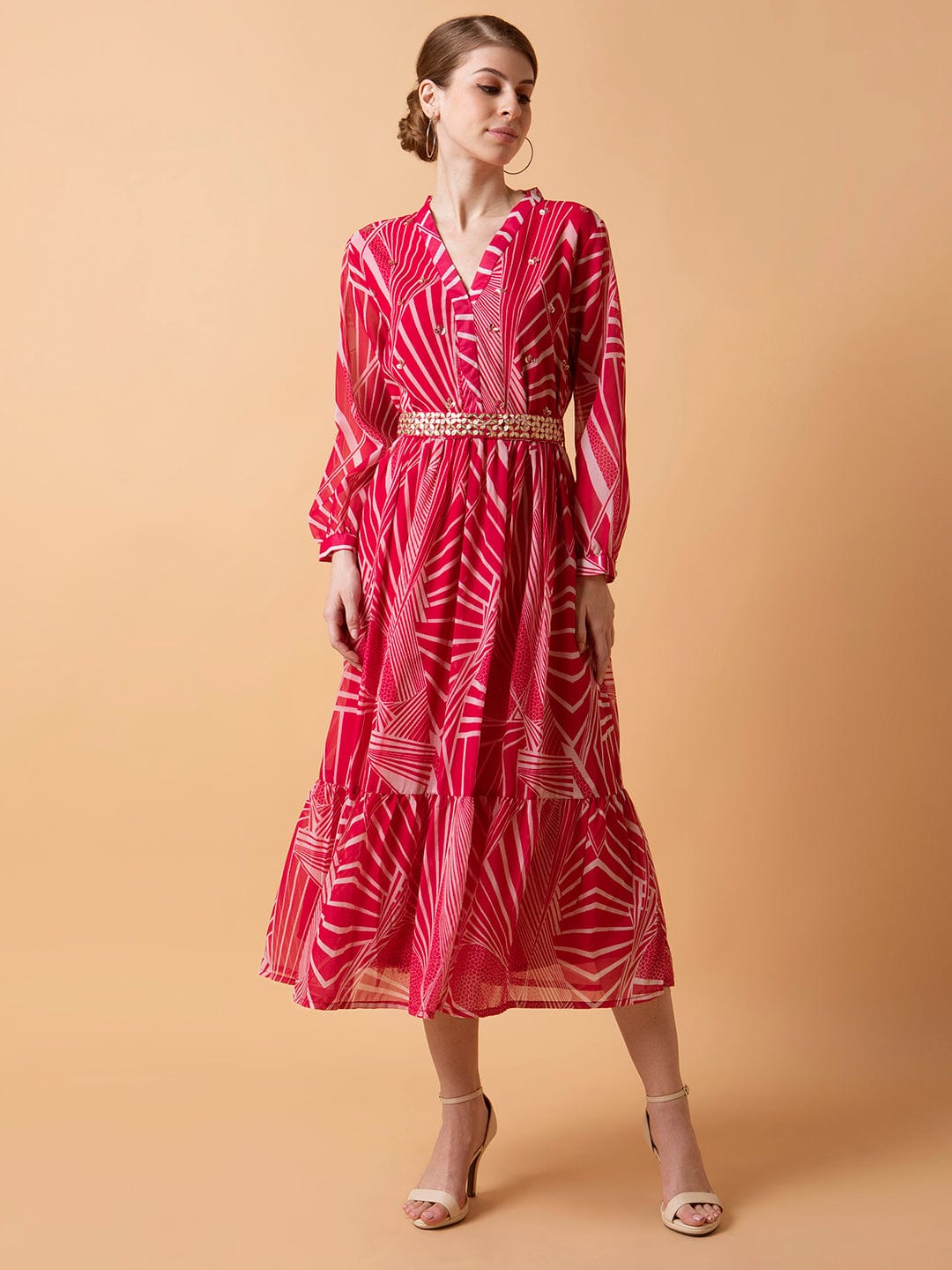 Women's Abstract Pink Midi Empire Dress with Belt