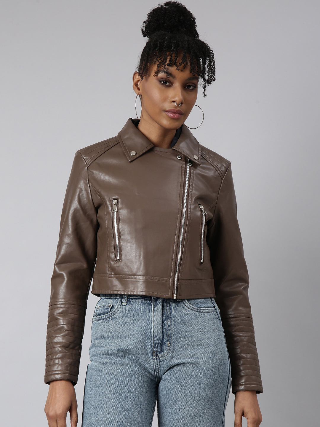 Women's Brown Spread Collar Crop Biker Jacket