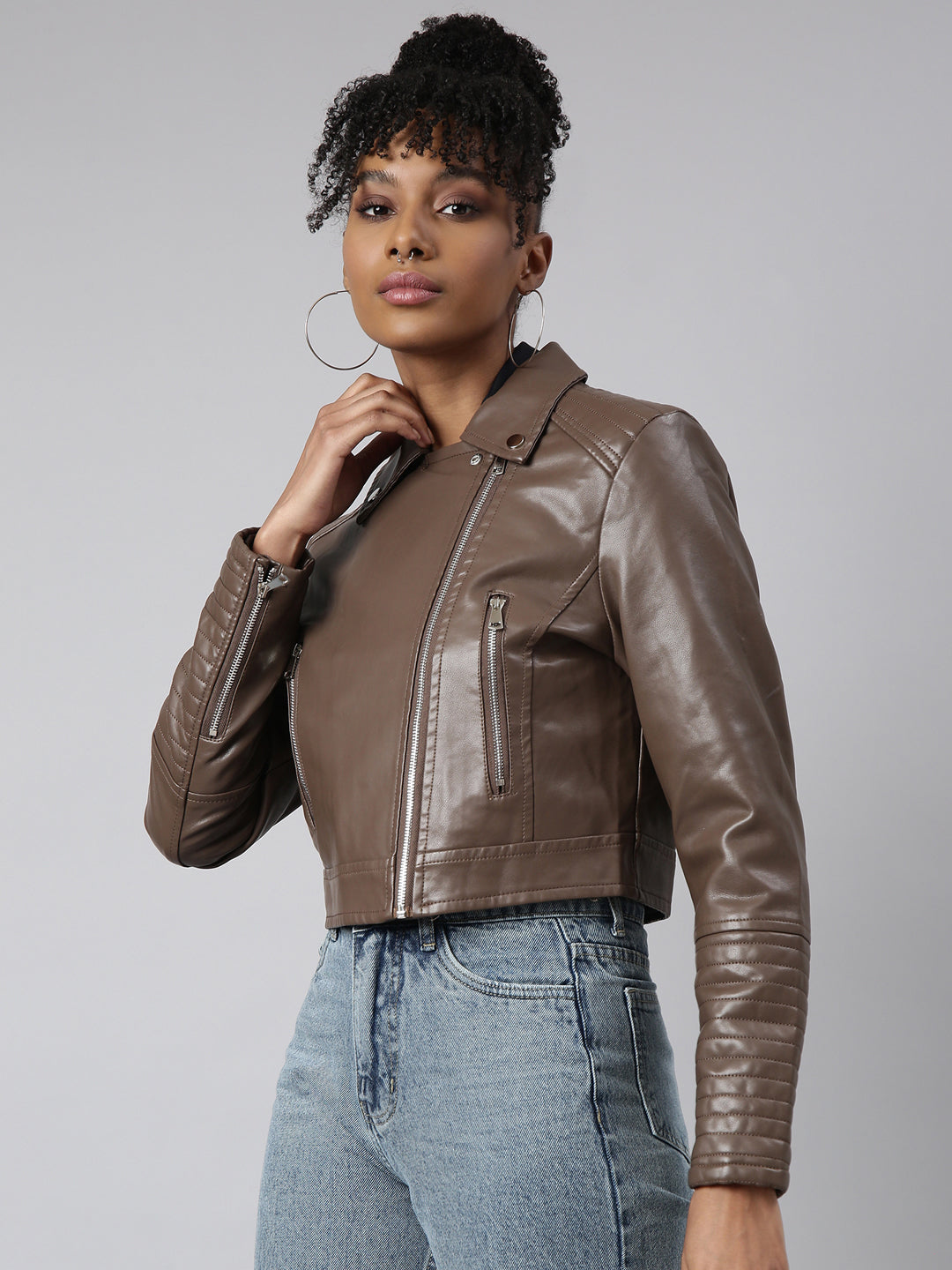 Women's Brown Spread Collar Crop Biker Jacket