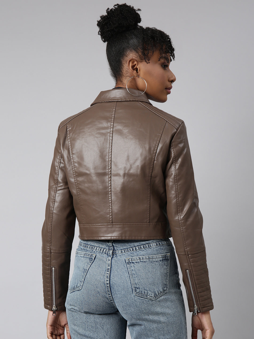 Women's Brown Spread Collar Crop Biker Jacket
