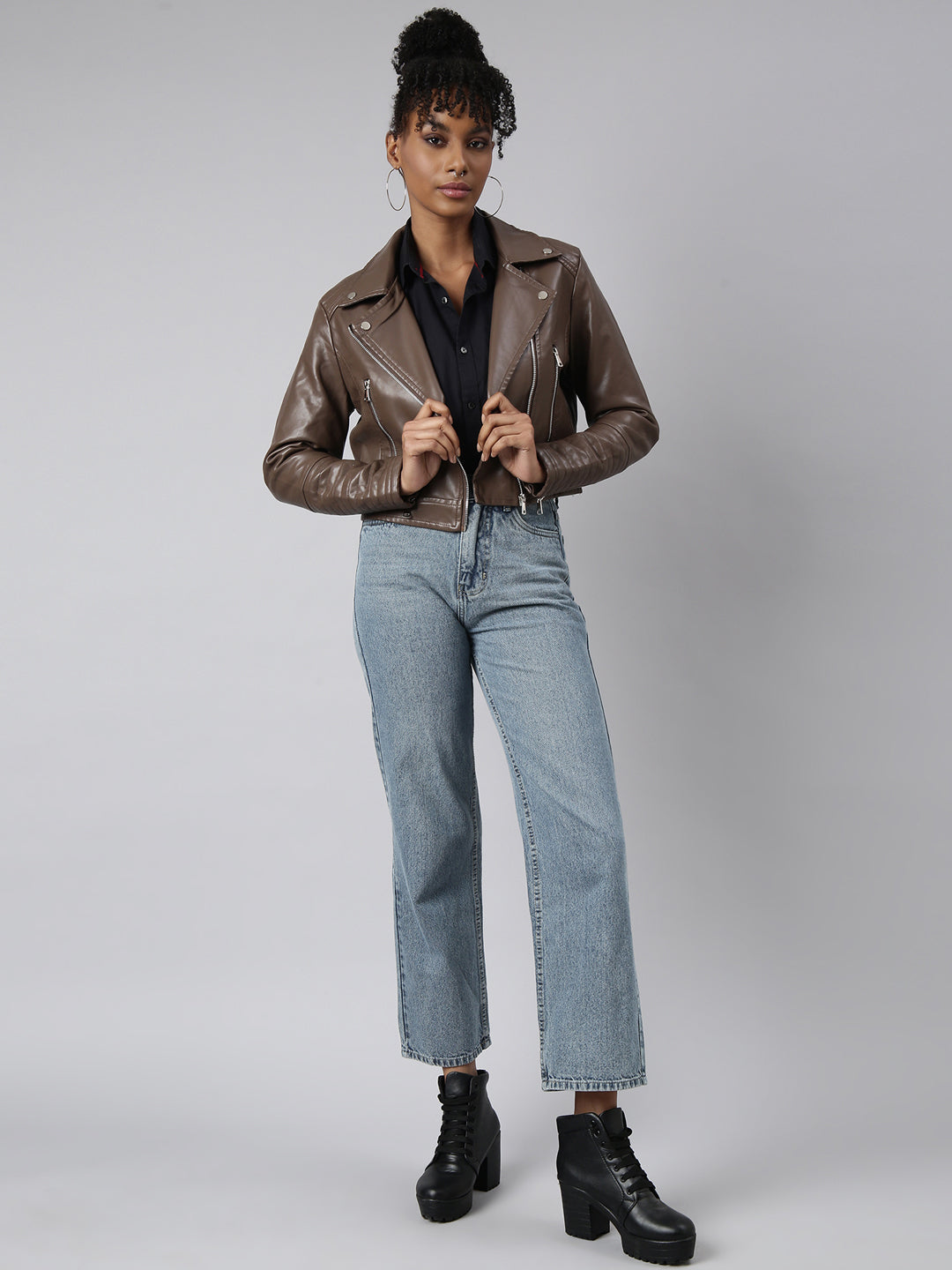 Women's Brown Spread Collar Crop Biker Jacket