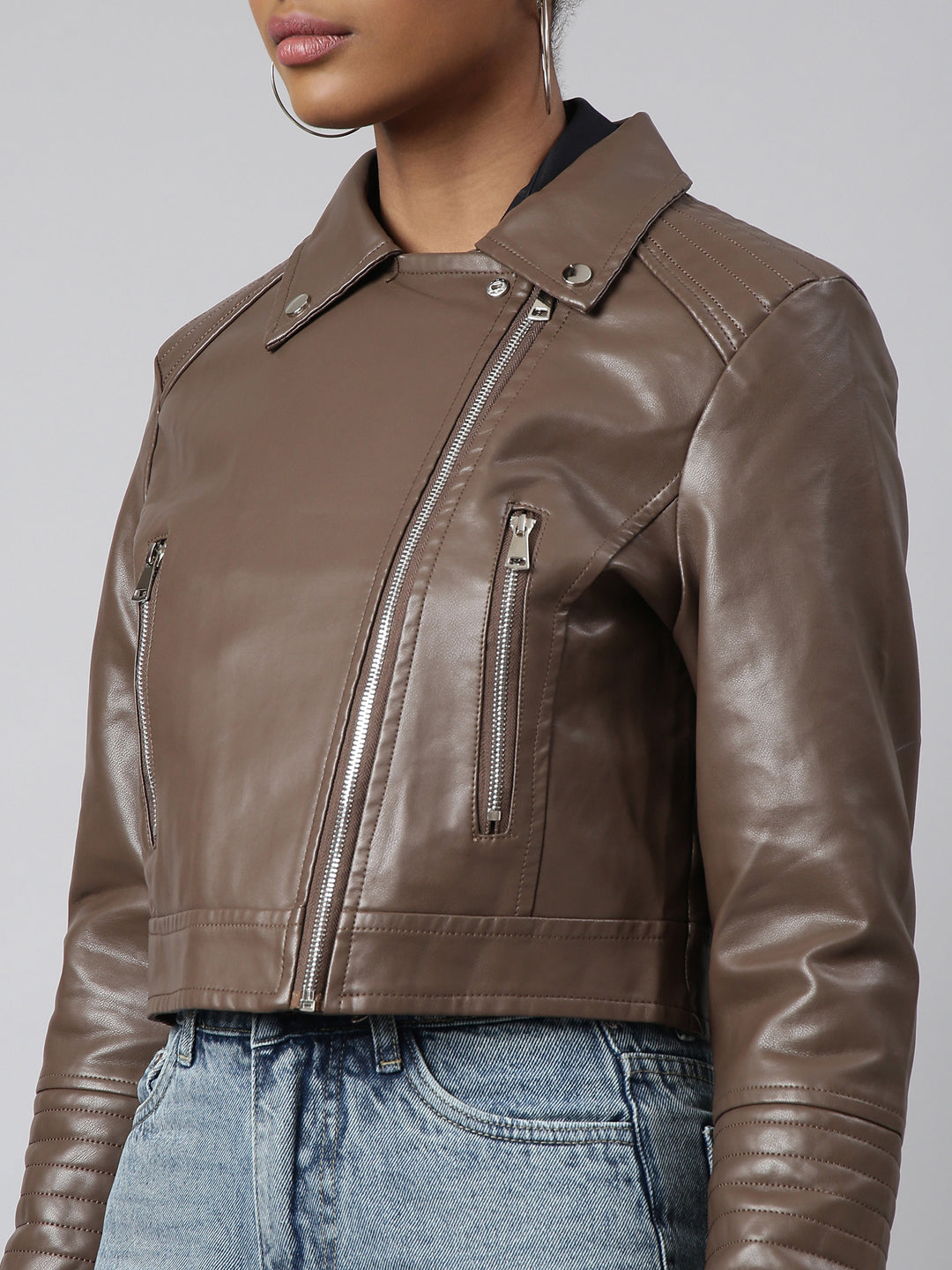Women's Brown Spread Collar Crop Biker Jacket