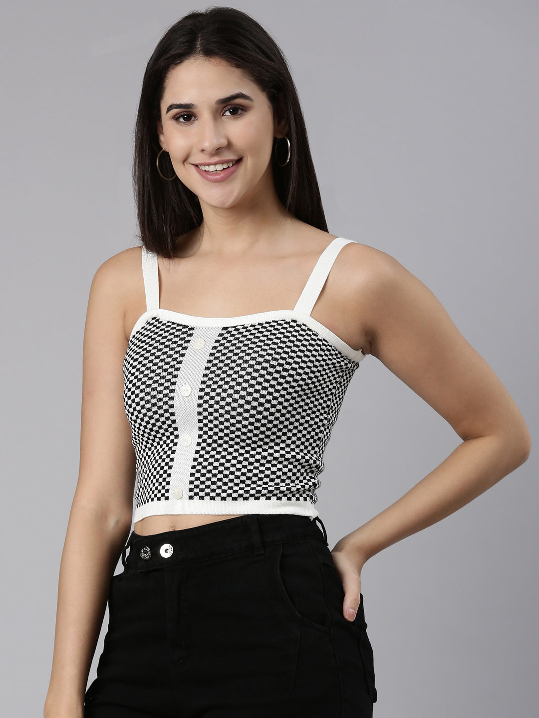 Women's Black Shoulder Straps Checked Fitted Cotton Crop Top