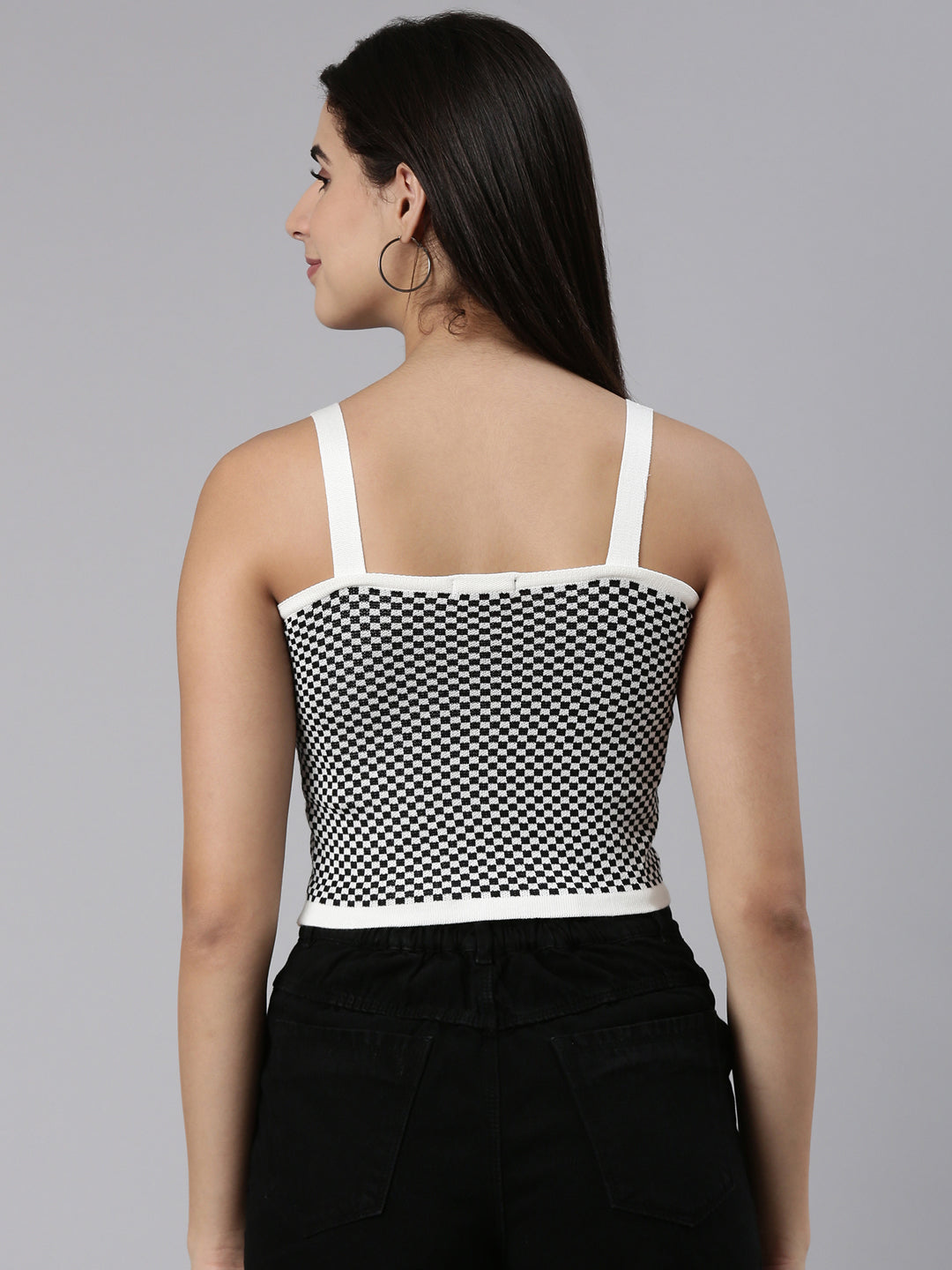 Women's Black Shoulder Straps Checked Fitted Cotton Crop Top