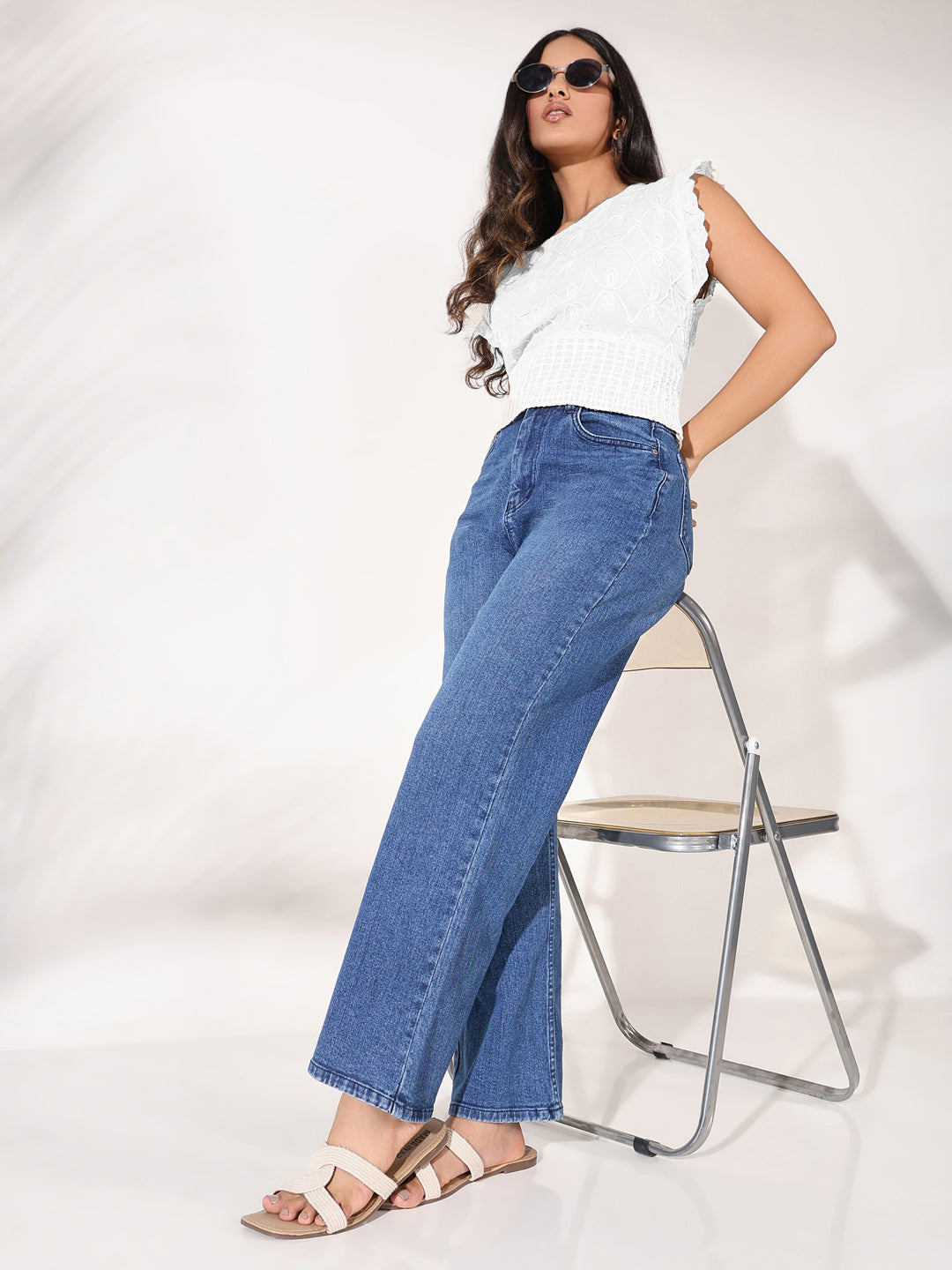 Women's White Embroidered Sleeveless Crop Top