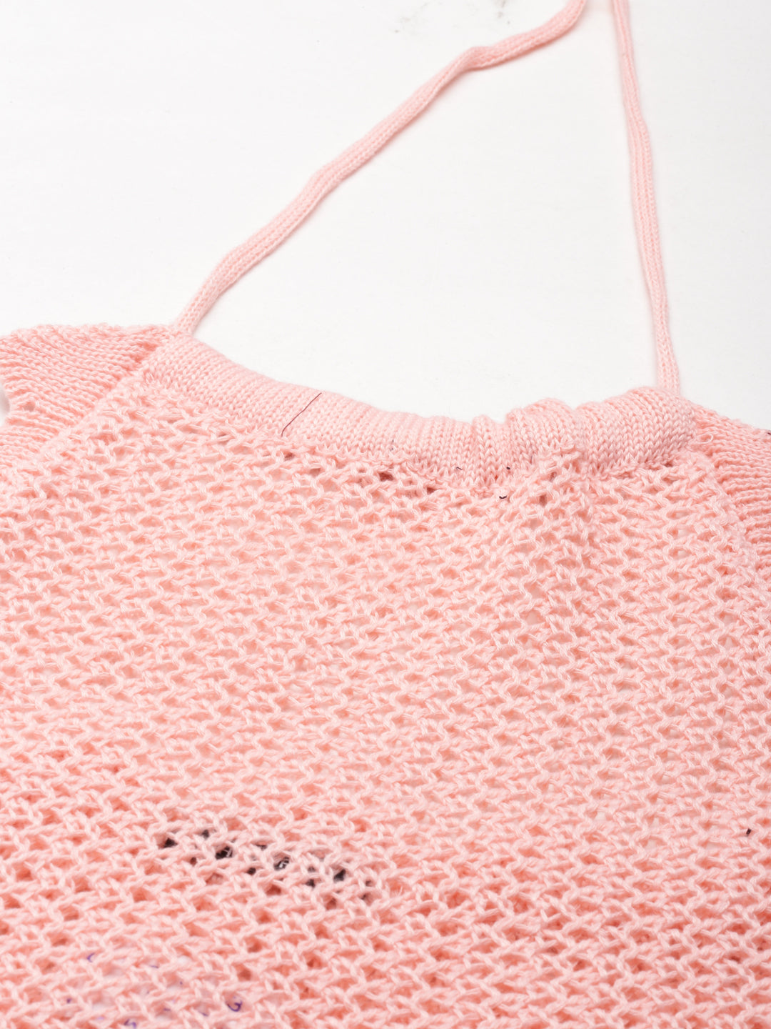Women's Peach Self Design Halter Neck Sleeveless Wool Crop Tank Top