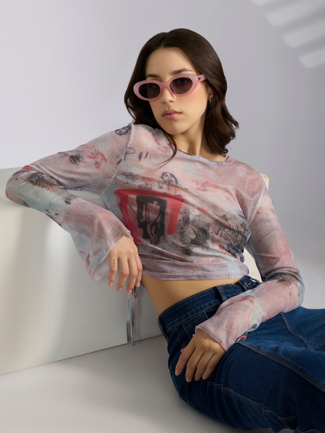 Women's Graphic Pink Fitted Ruched Top