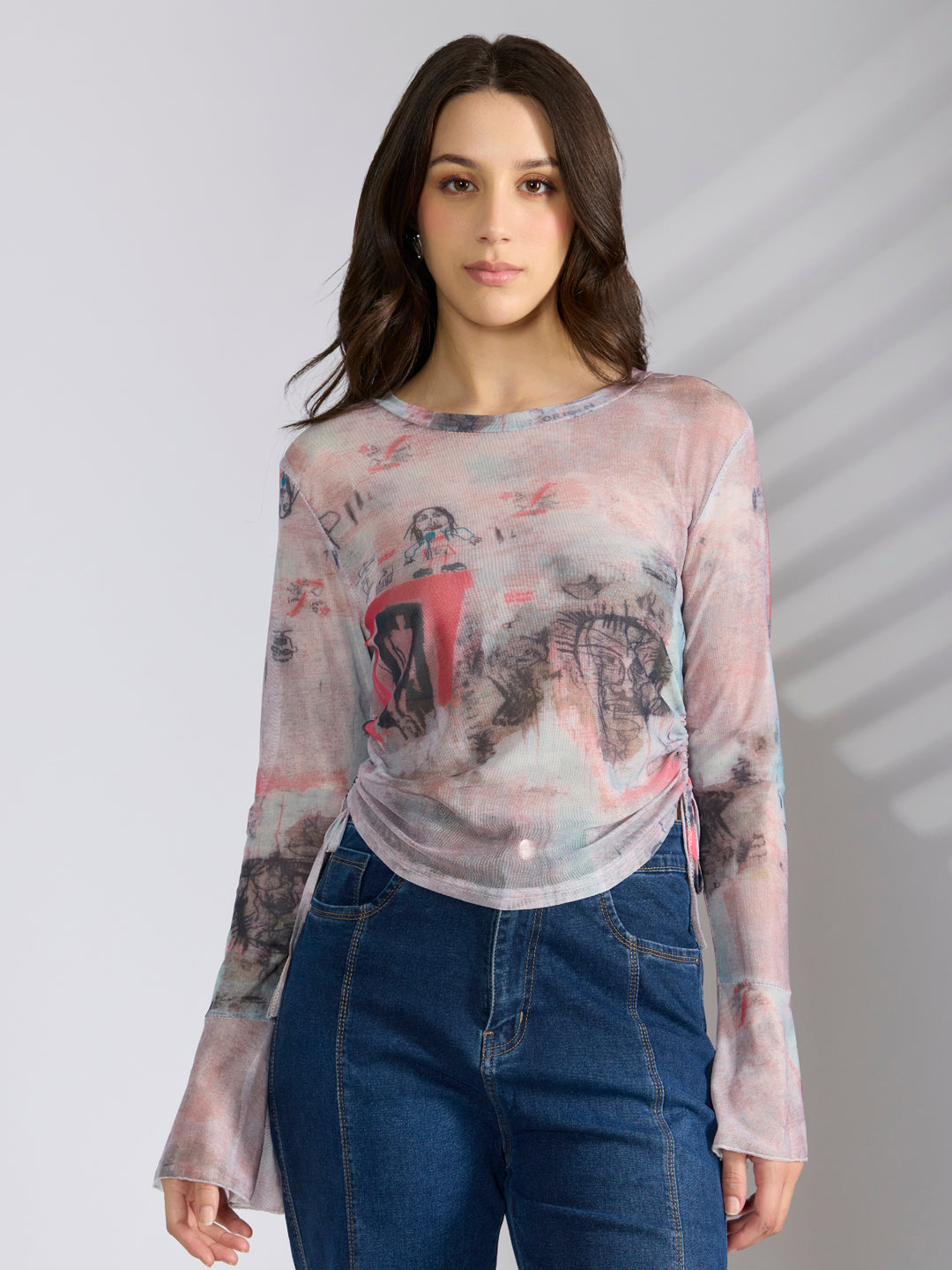 Women's Graphic Pink Fitted Ruched Top