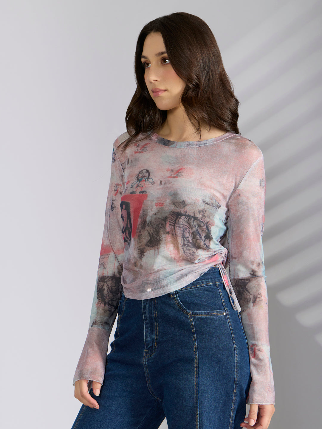 Women's Graphic Pink Fitted Ruched Top
