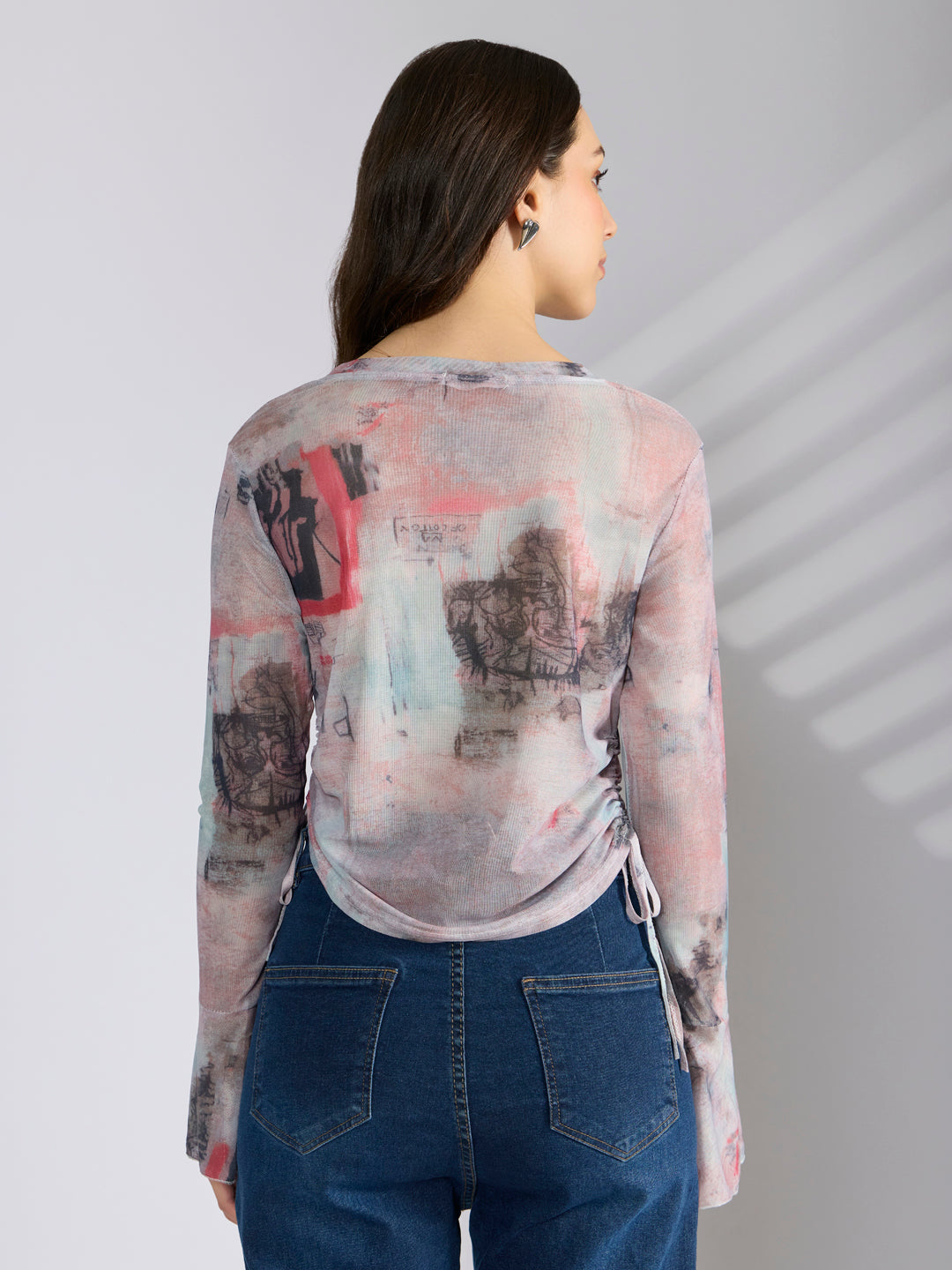 Women's Graphic Pink Fitted Ruched Top