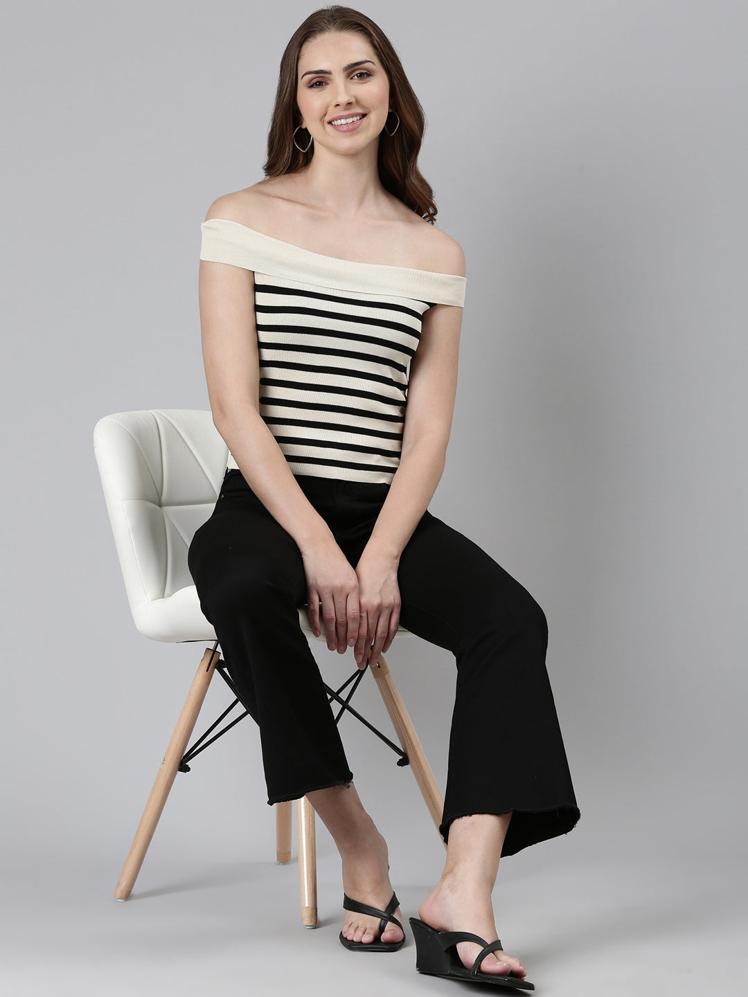 Women's Beige Striped Off-Shoulder Bardot Top