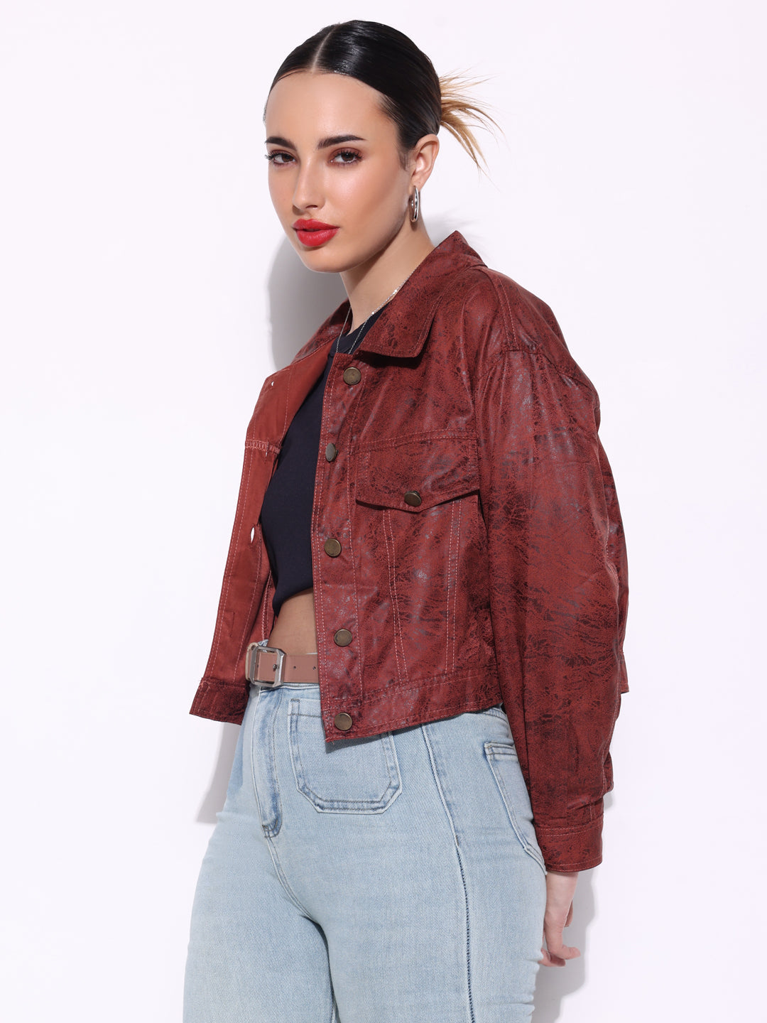 Women's Textured Brown Short Leather Jacket