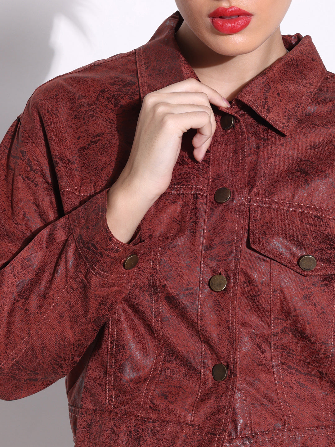 Women's Textured Brown Short Leather Jacket