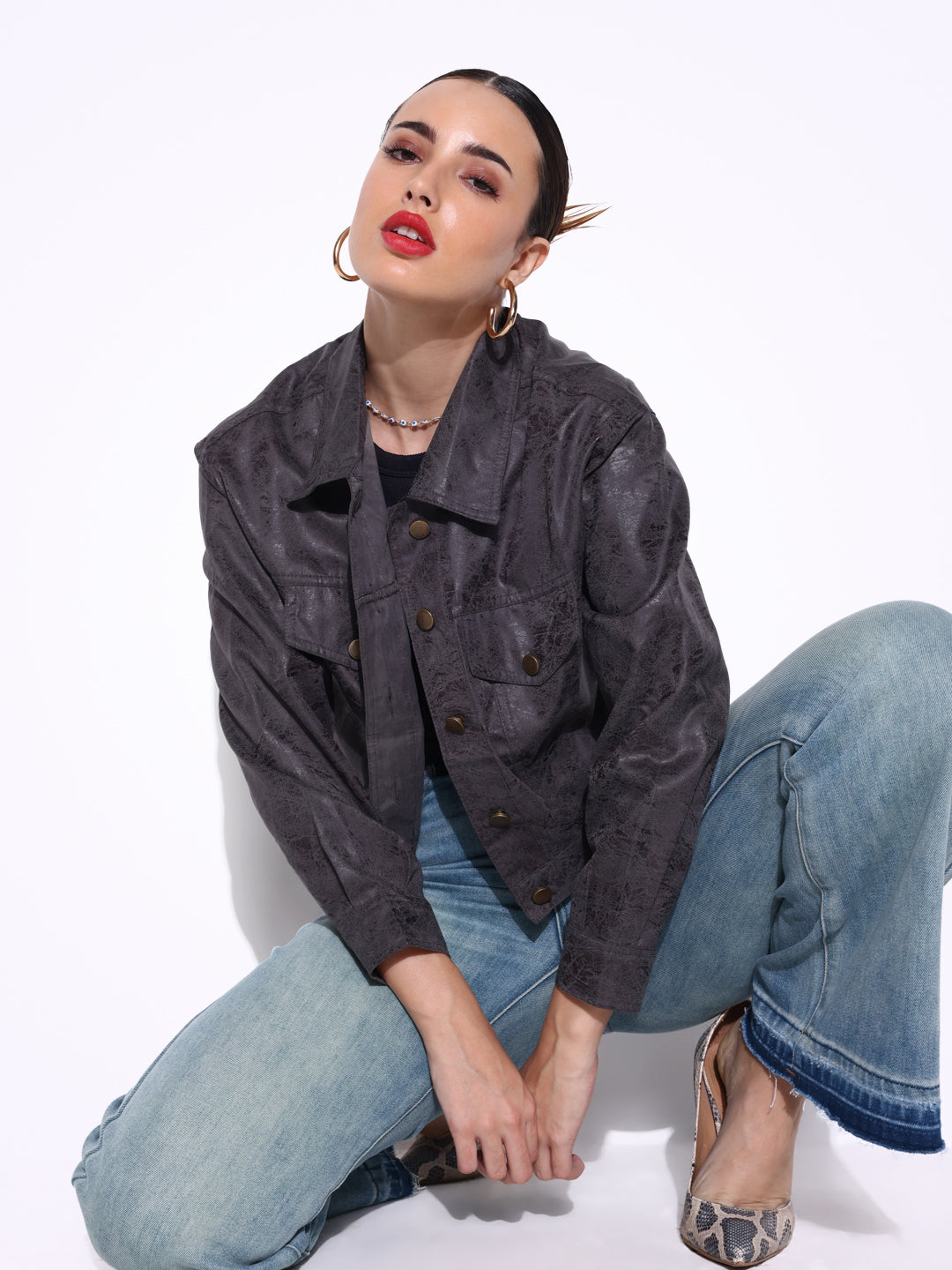 Women's Textured Grey Short Leather Jacket