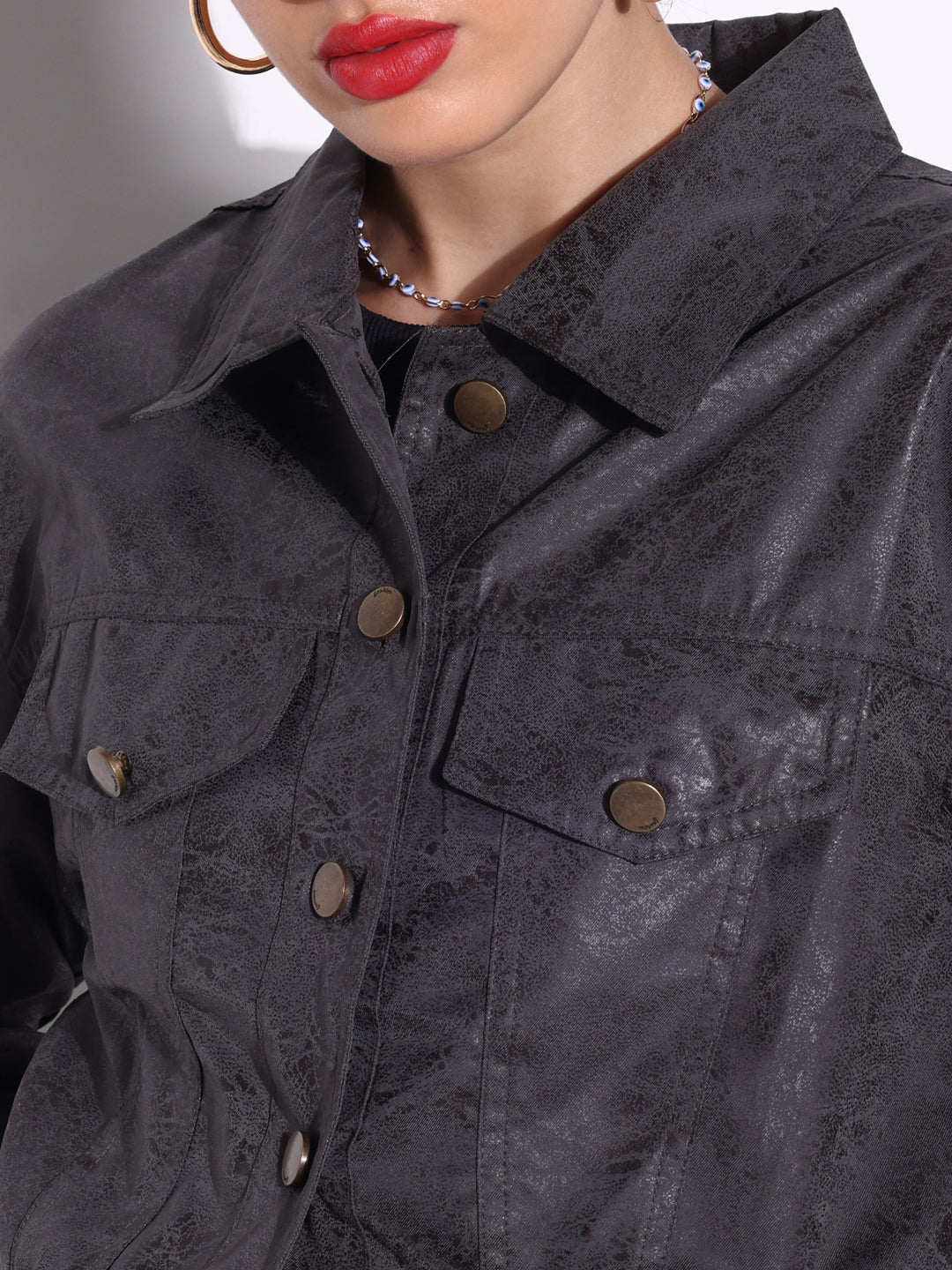 Women's Textured Grey Short Leather Jacket