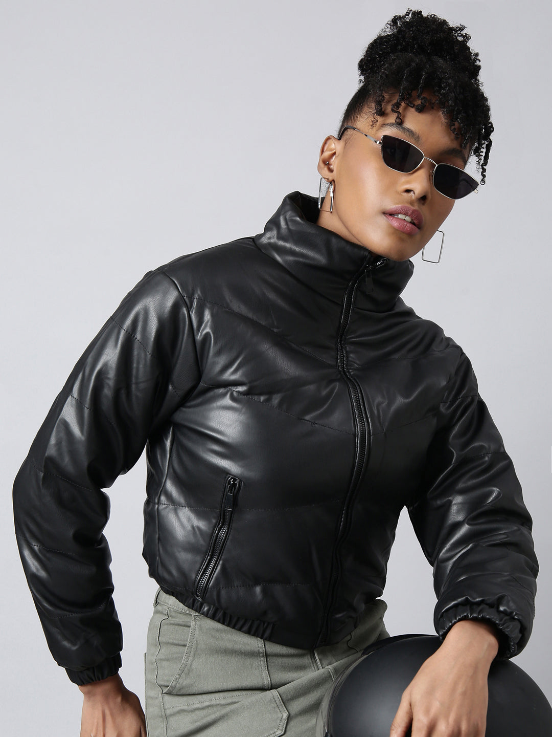 Women's Solid Black Puffer Jacket