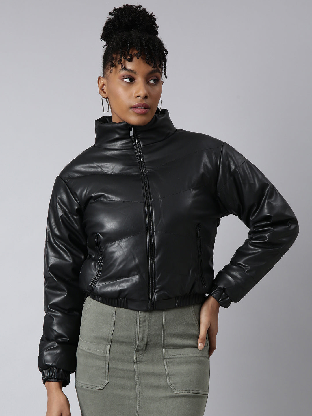 Women's Solid Black Puffer Jacket