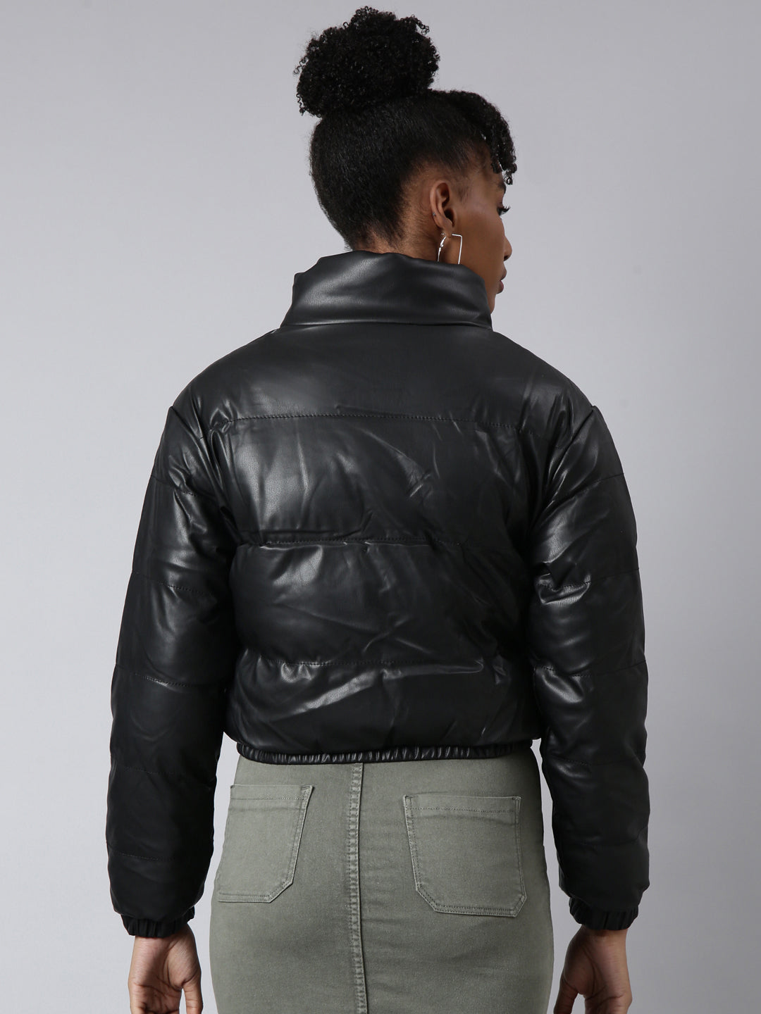 Women's Solid Black Puffer Jacket