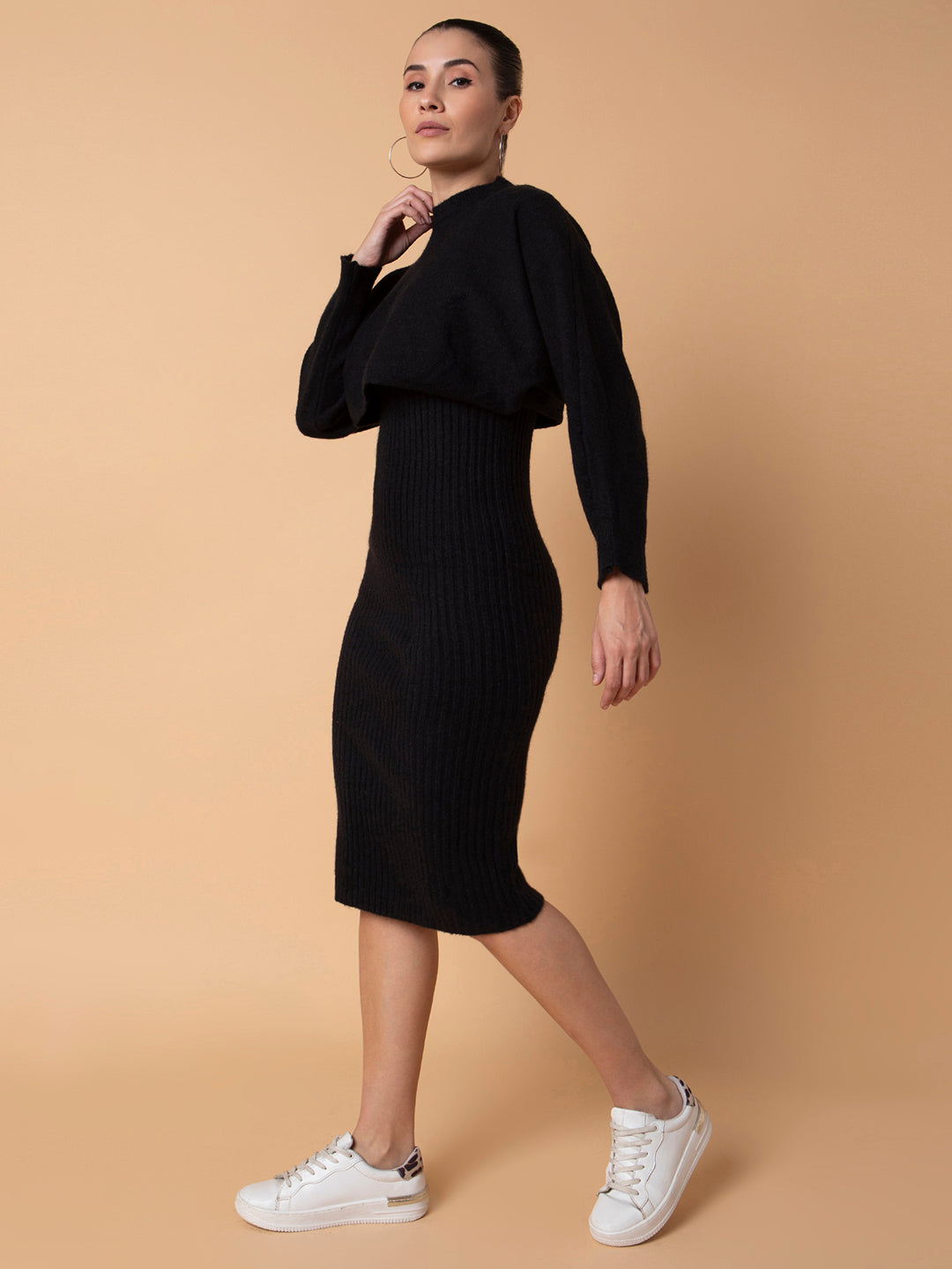 Women's Solid Black Bodycon Dress with Top