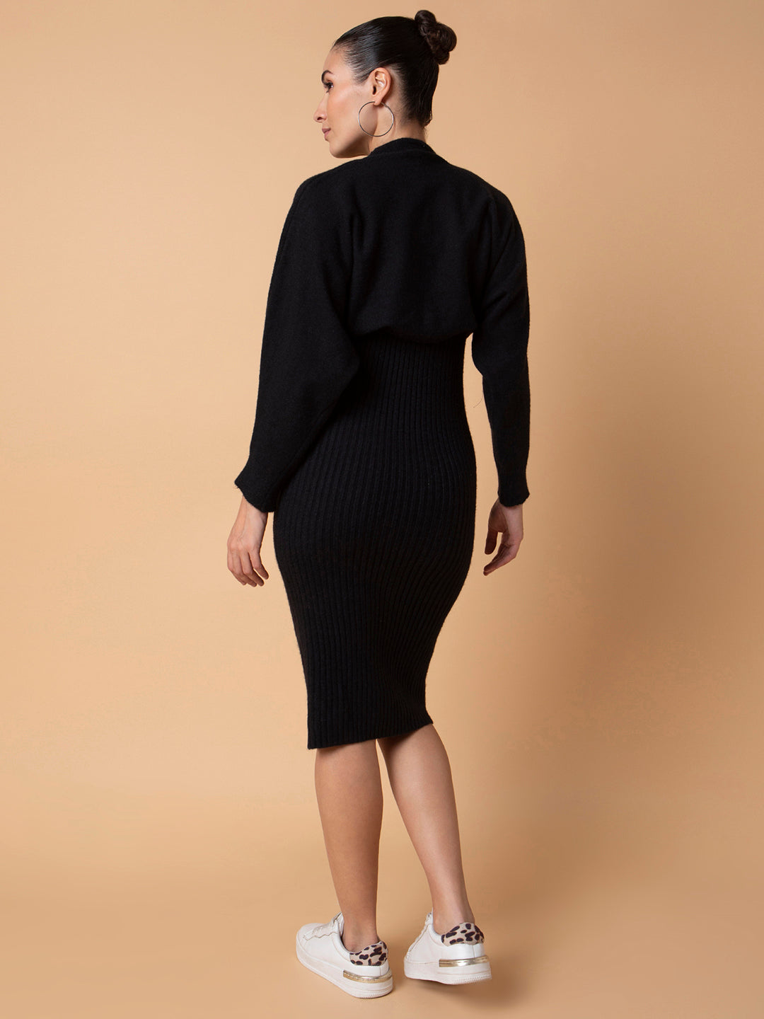 Women's Solid Black Bodycon Dress with Top