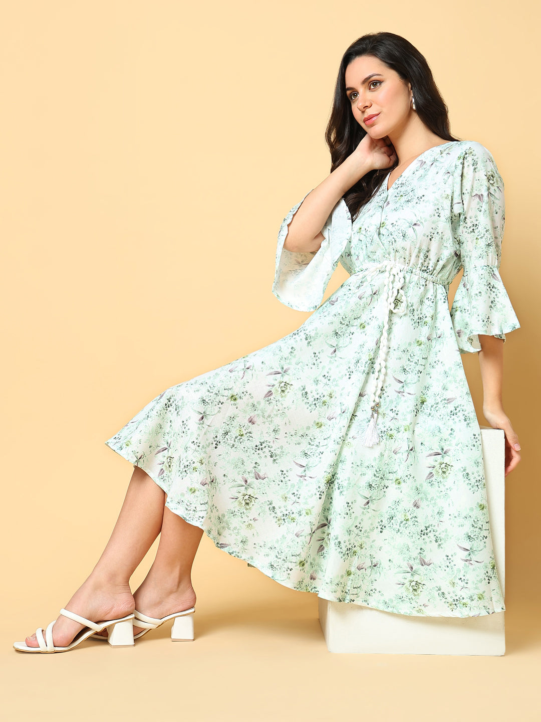 Women's Green Floral Print Bell Sleeve Fit & Flare Dress
