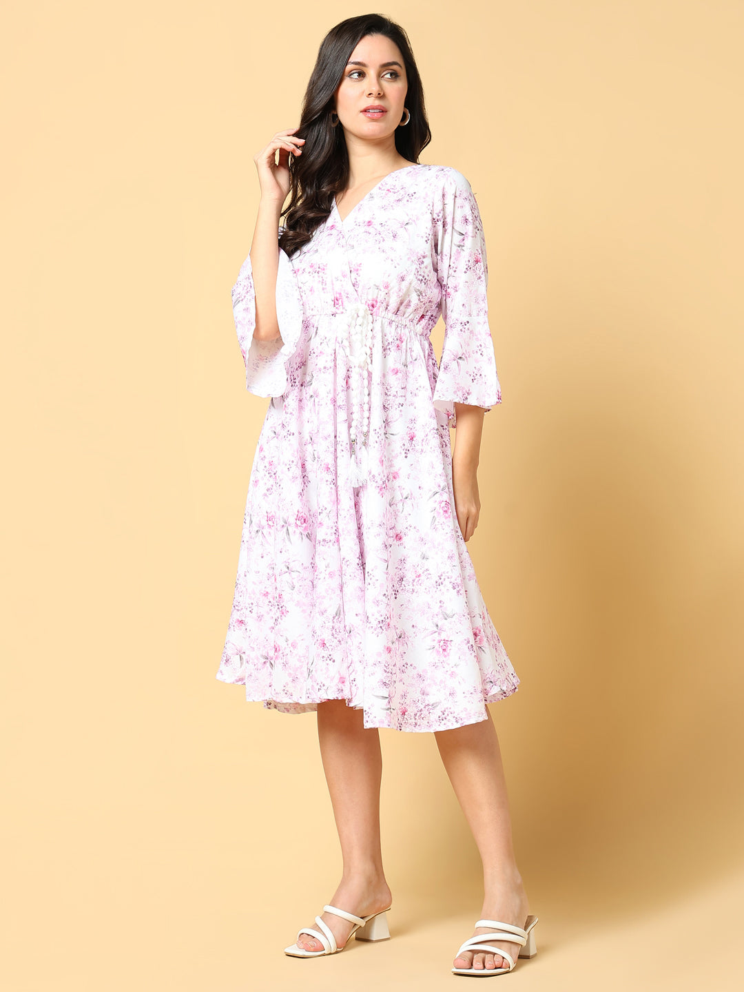 Women's Pink Floral Printed Cotton Bell Sleeve Fit & Flare Knee Length Dress