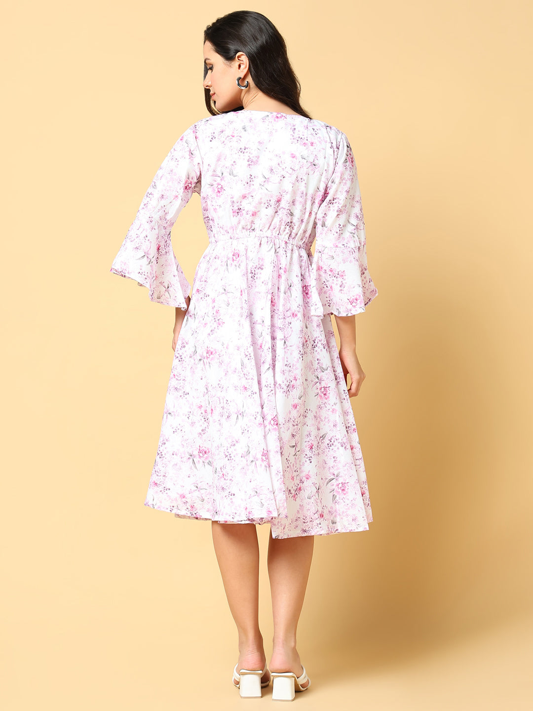 Women's Pink Floral Printed Cotton Bell Sleeve Fit & Flare Knee Length Dress