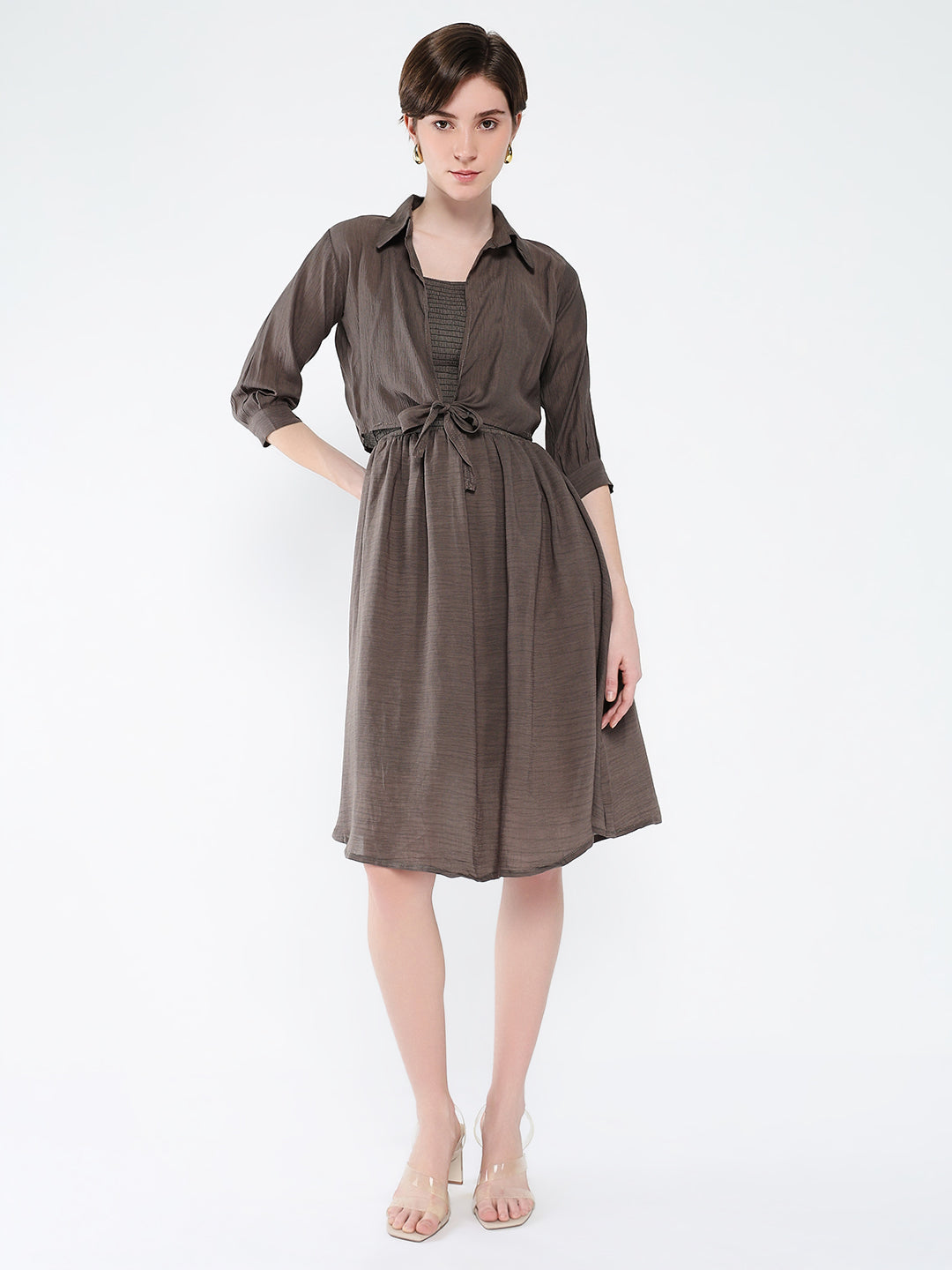 Women's Solid Olive Fit and Flare Dress with Shrug