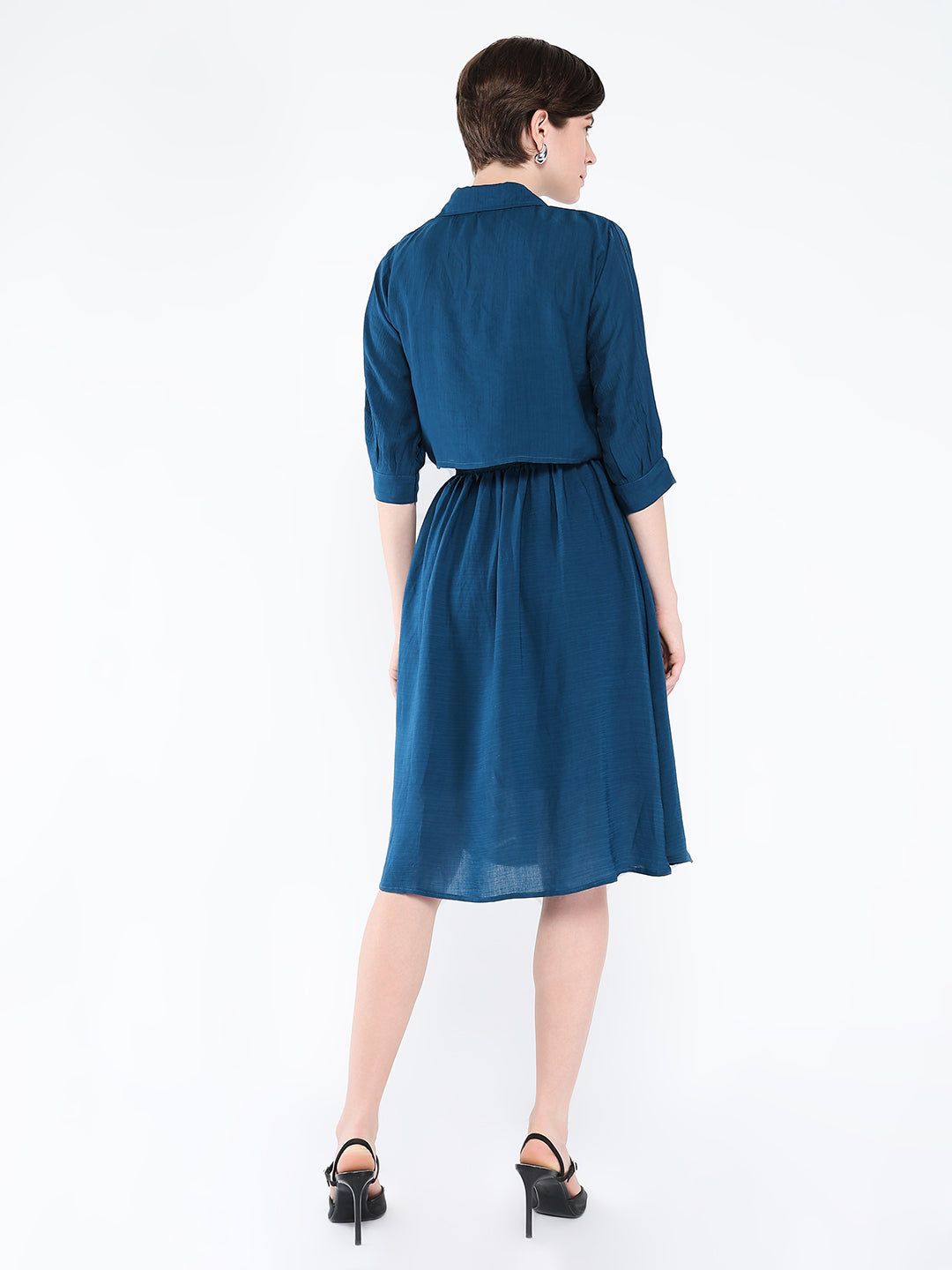 Women's Teal Solid Crepe Fit & Flare Dress