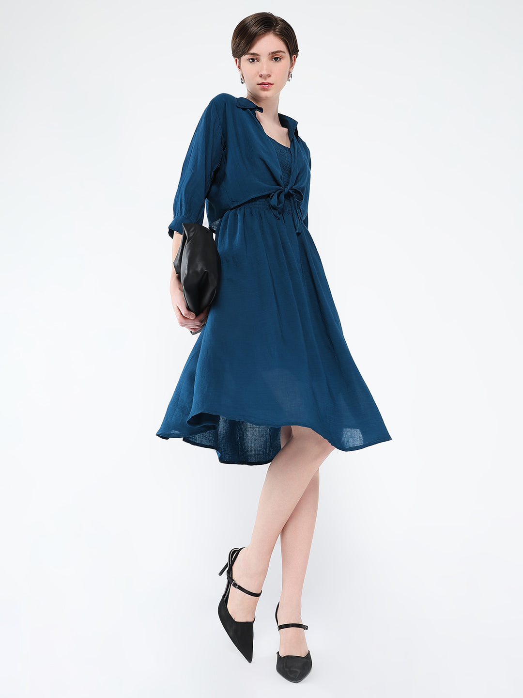 Women's Teal Solid Crepe Fit & Flare Dress