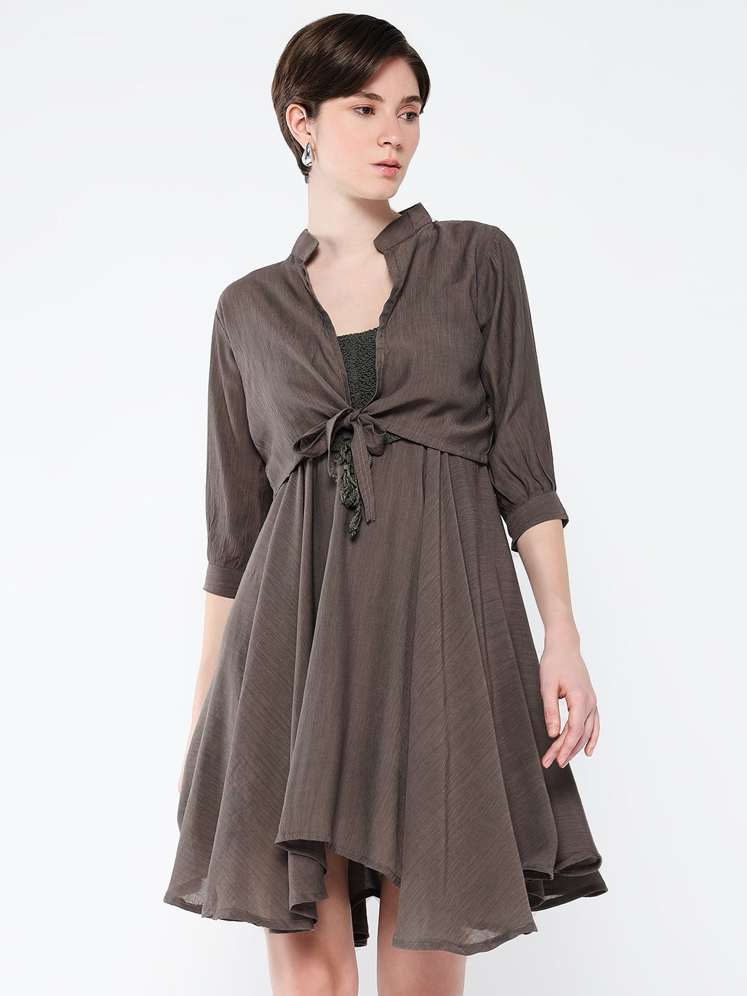 Women's Casual Solid Olive Fit and Flare Dress with Shrug