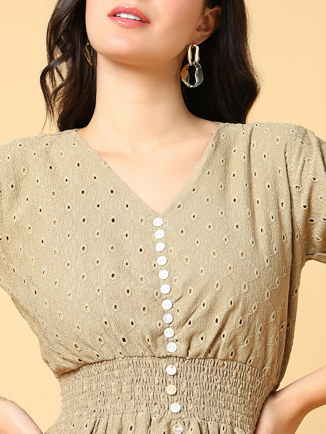 Women's Beige Self Design Fit & Flare Maxi Dress