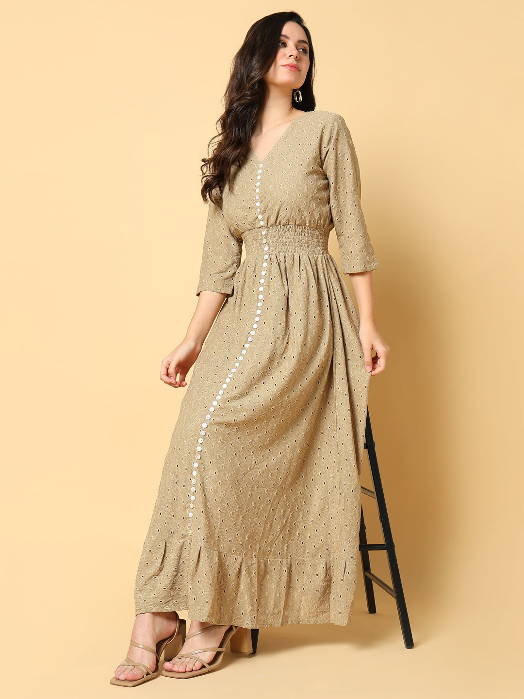 Women's Beige Self Design Fit & Flare Maxi Dress