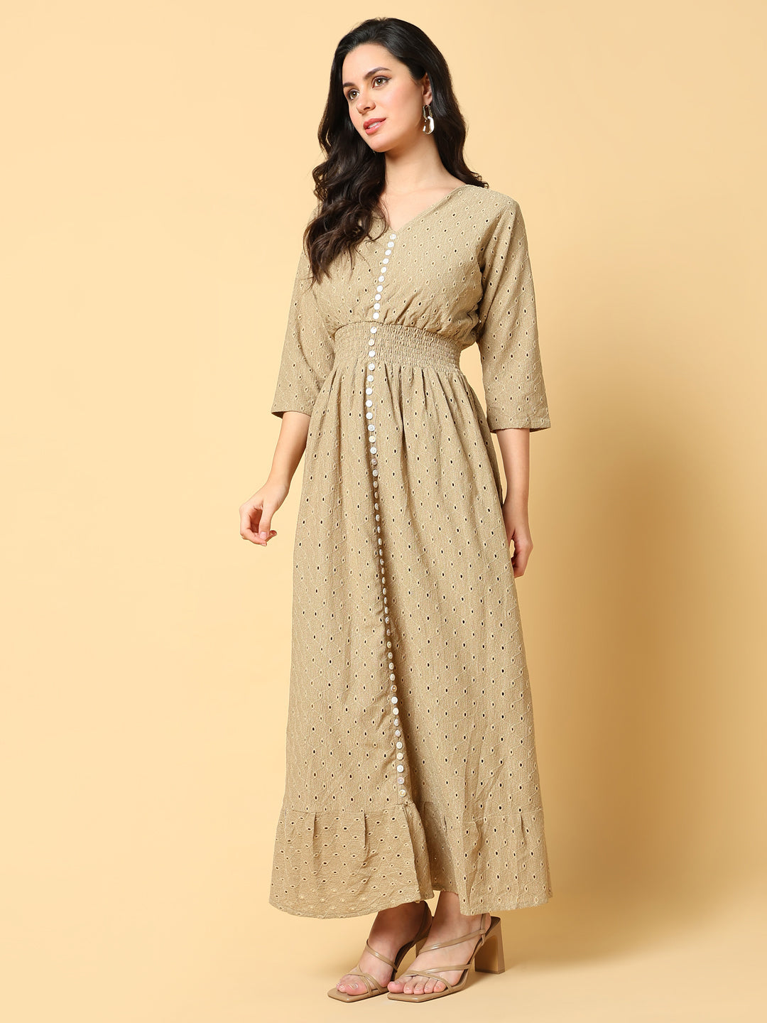 Women's Beige Self Design Fit & Flare Maxi Dress
