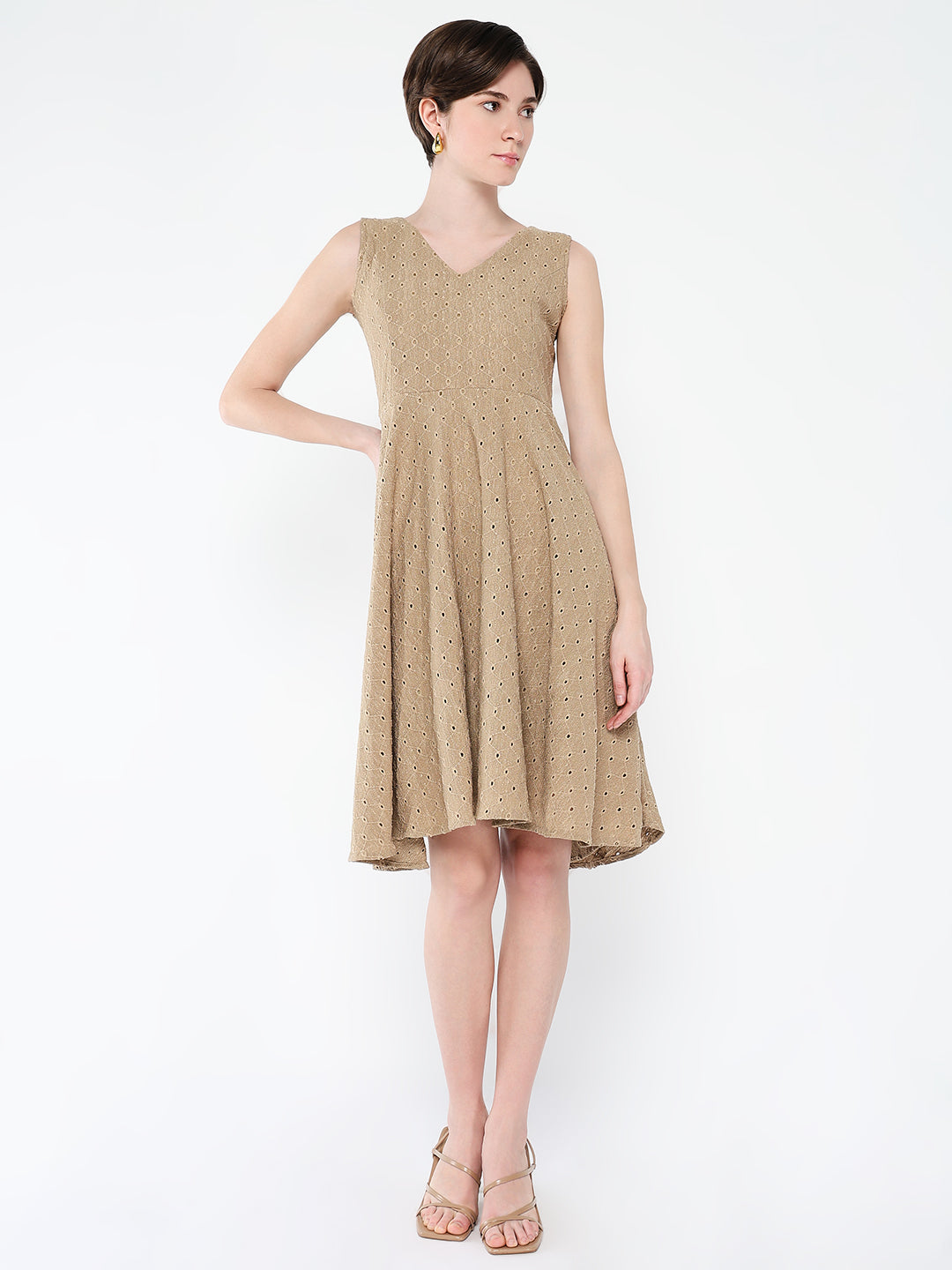 Women's Brown Embroidered Fit & Flare Dress