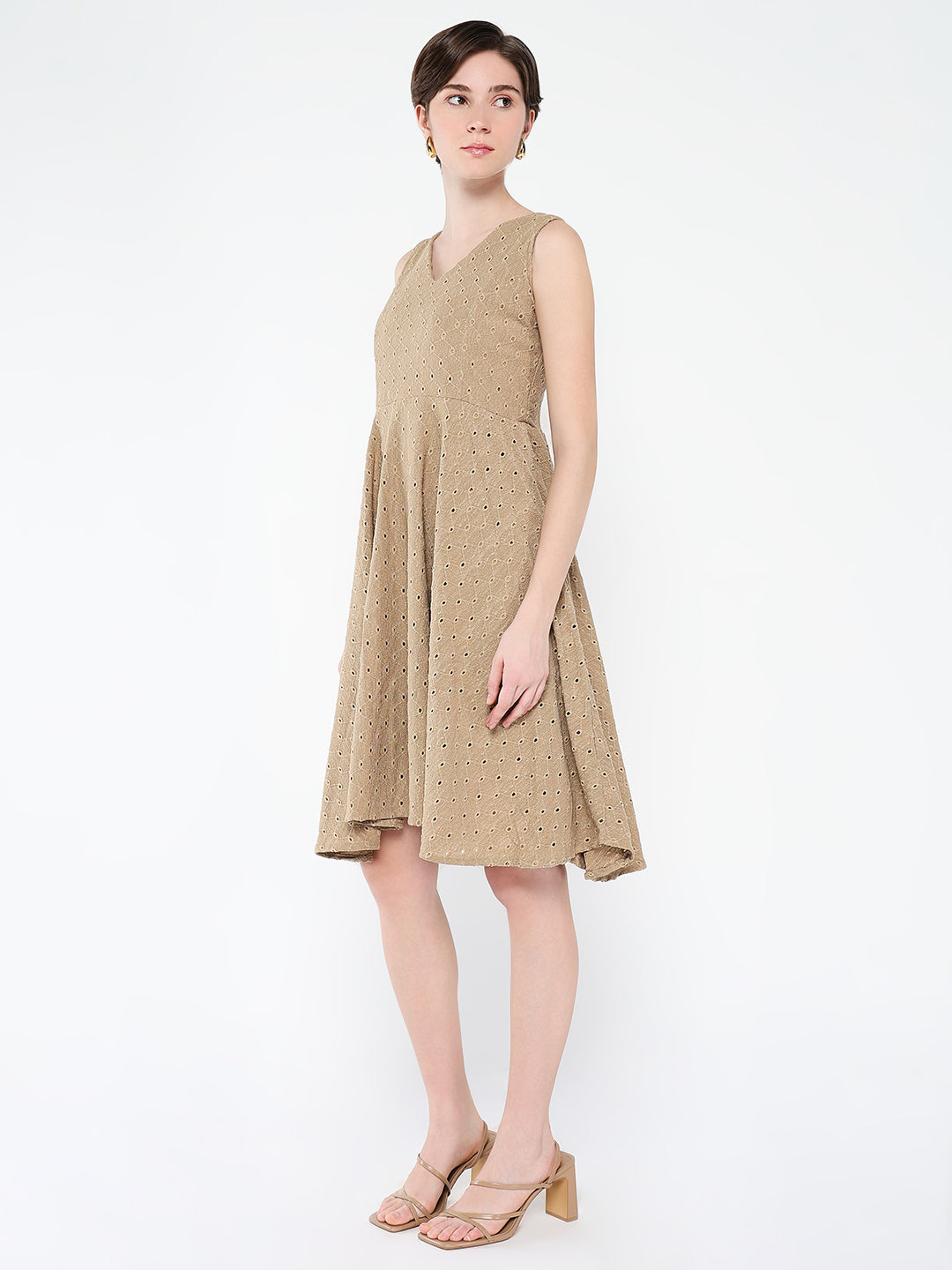 Women's Brown Embroidered Fit & Flare Dress
