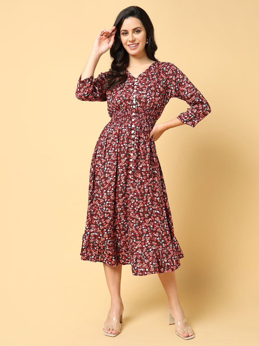 Women's Maroon Floral Printed Fit & Flare Midi Dress