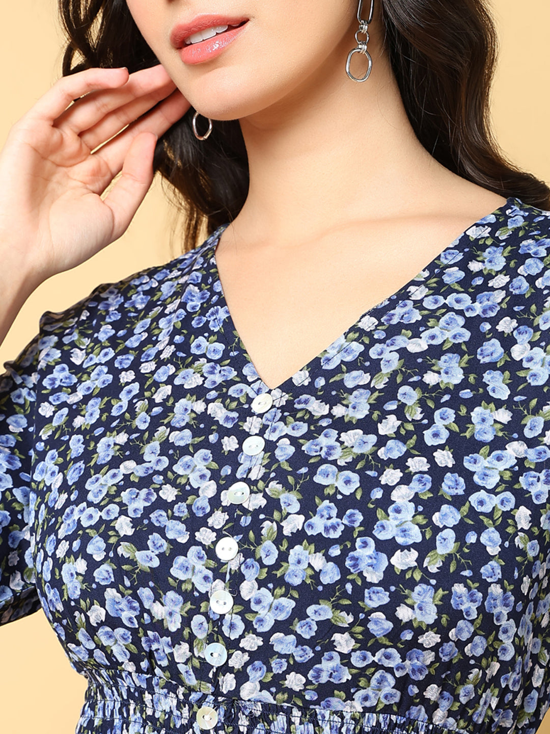 Women's Navy Blue Floral Printed V-neck Fit & Flare Midi Dress