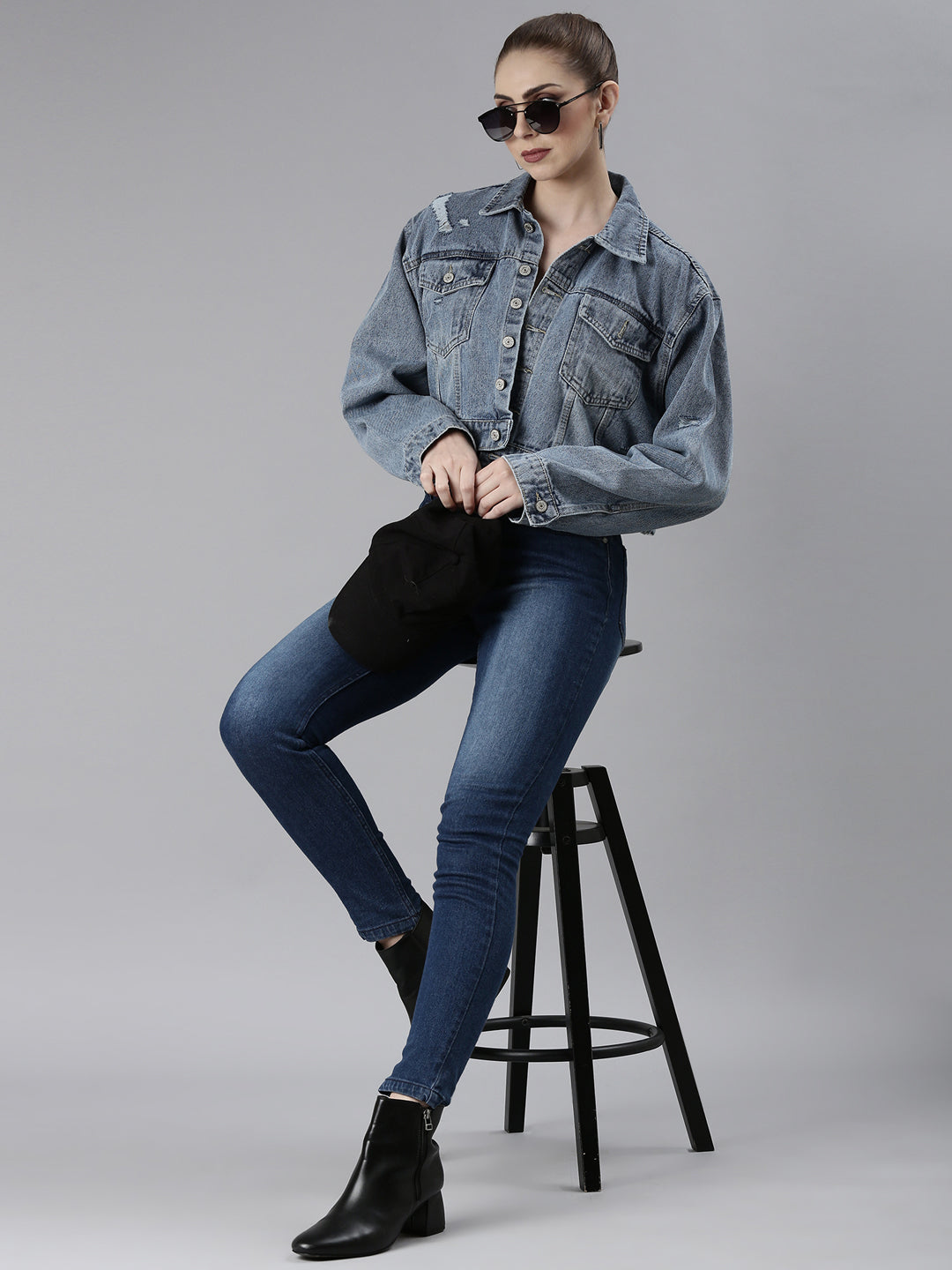 Women's Blue Solid Denim Jacket