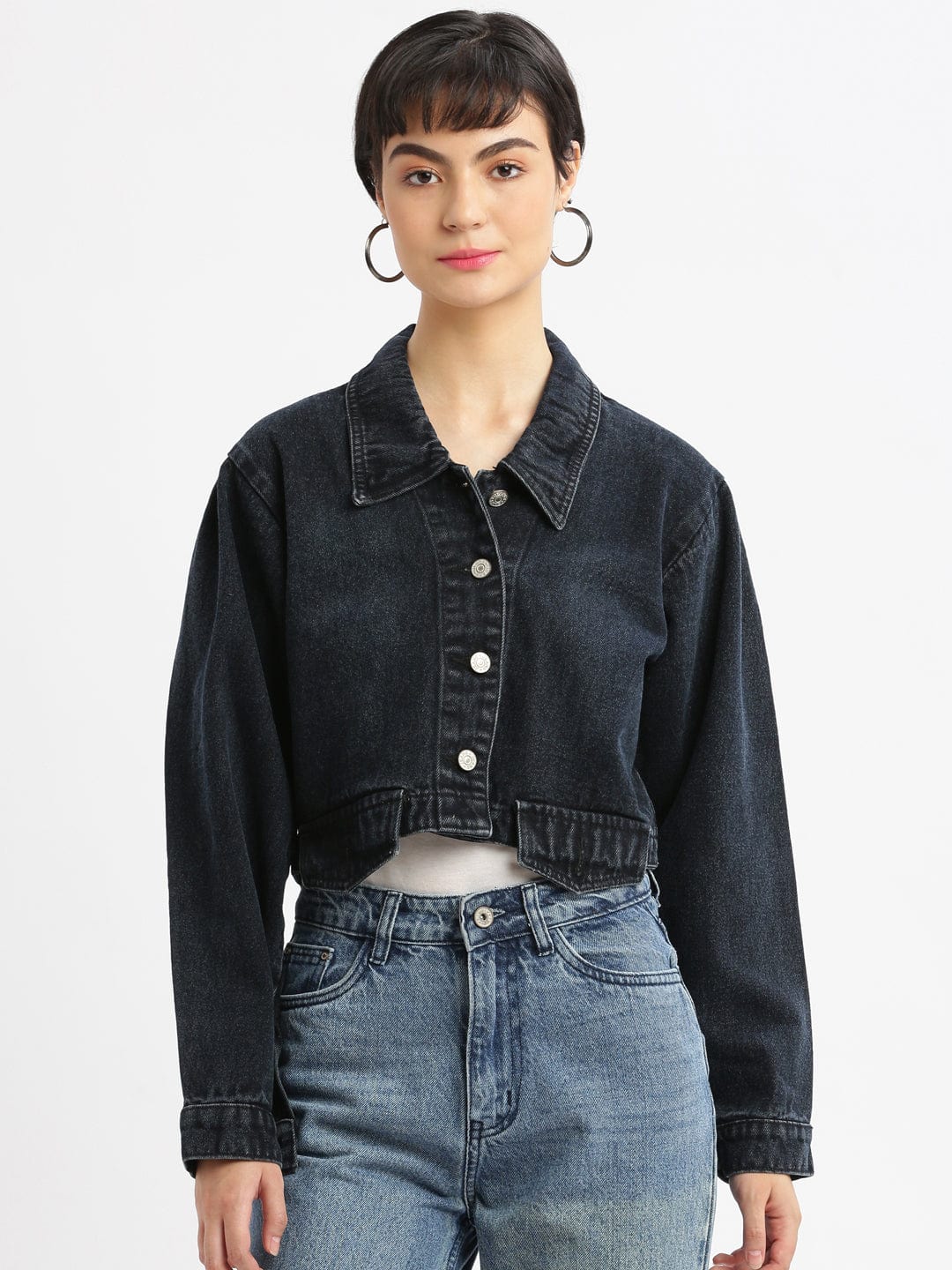 Women's Navy Blue Washed Windcheater Crop Denim Jacket