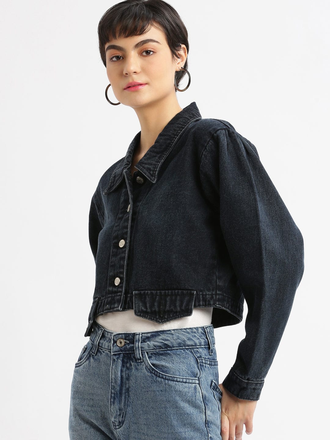 Women's Navy Blue Washed Windcheater Crop Denim Jacket