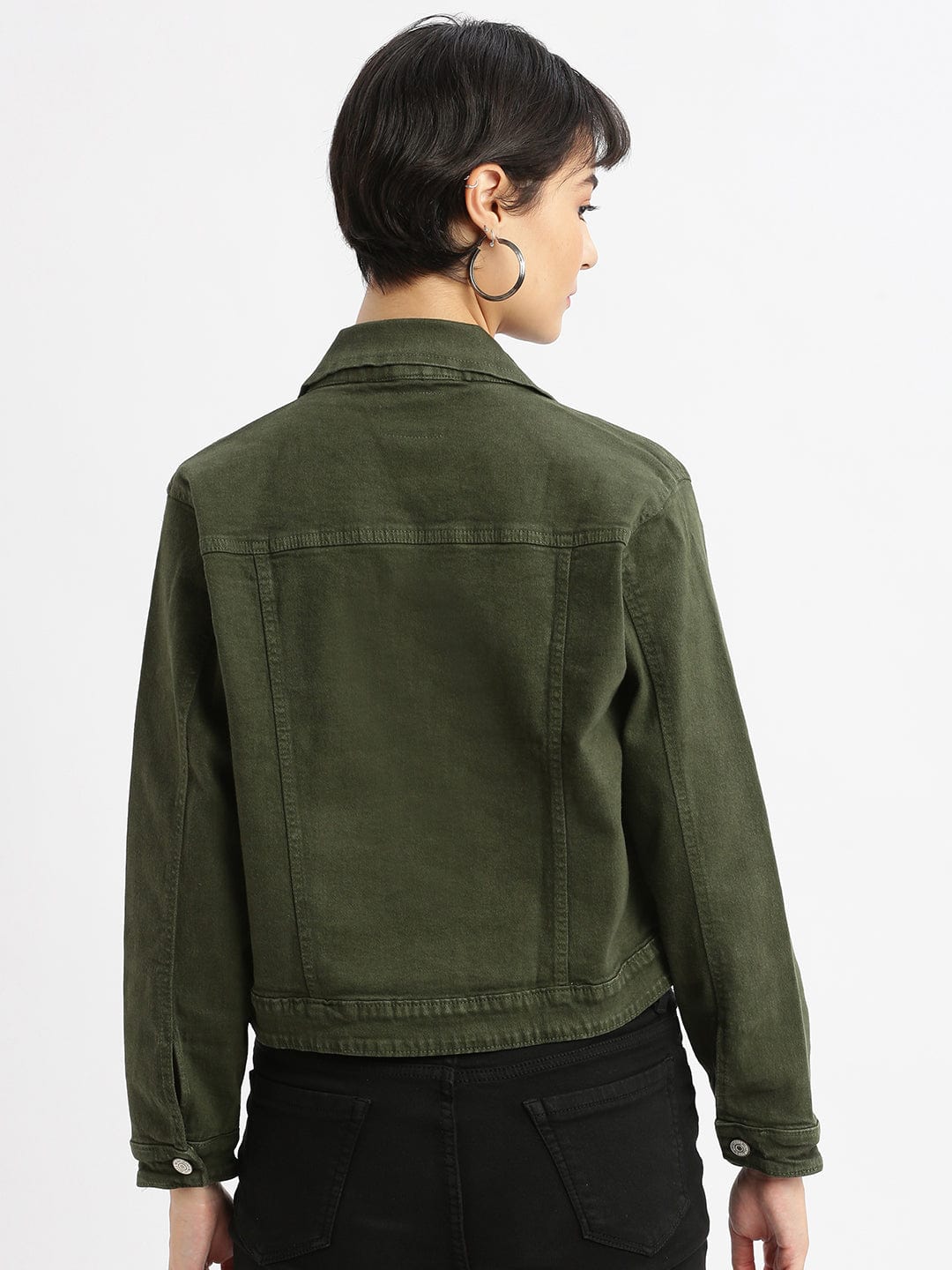Women's Olive Washed Windcheater Crop Denim Jacket with Patchwork